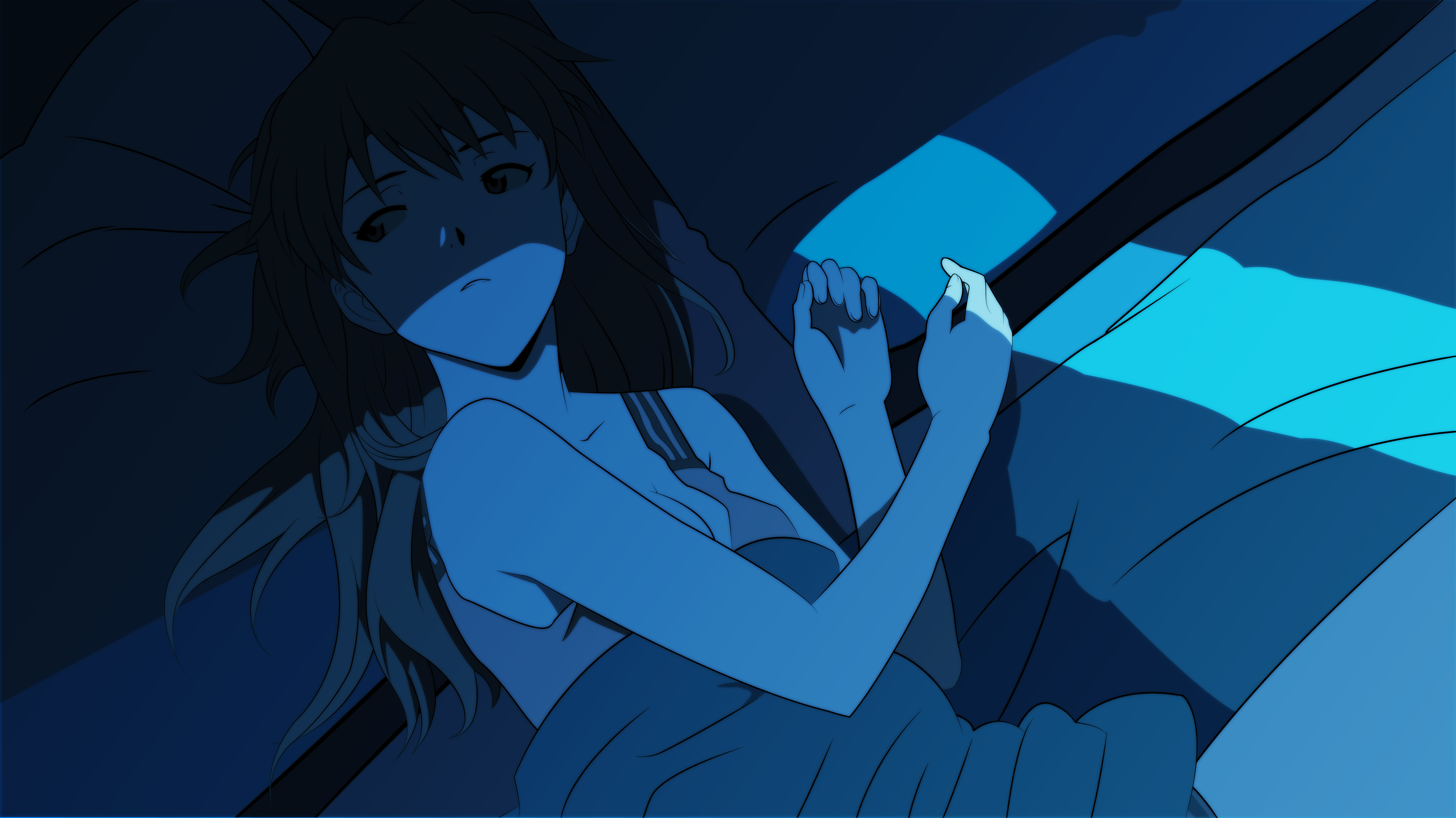 souryuu asuka langley, neon genesis evangelion, rebuild of evangelion, absurdres, derivative work, highres, vector trace, 00s, 1girl, blue theme, dark, female focus, indoors, monochrome, muted color, solo, under covers