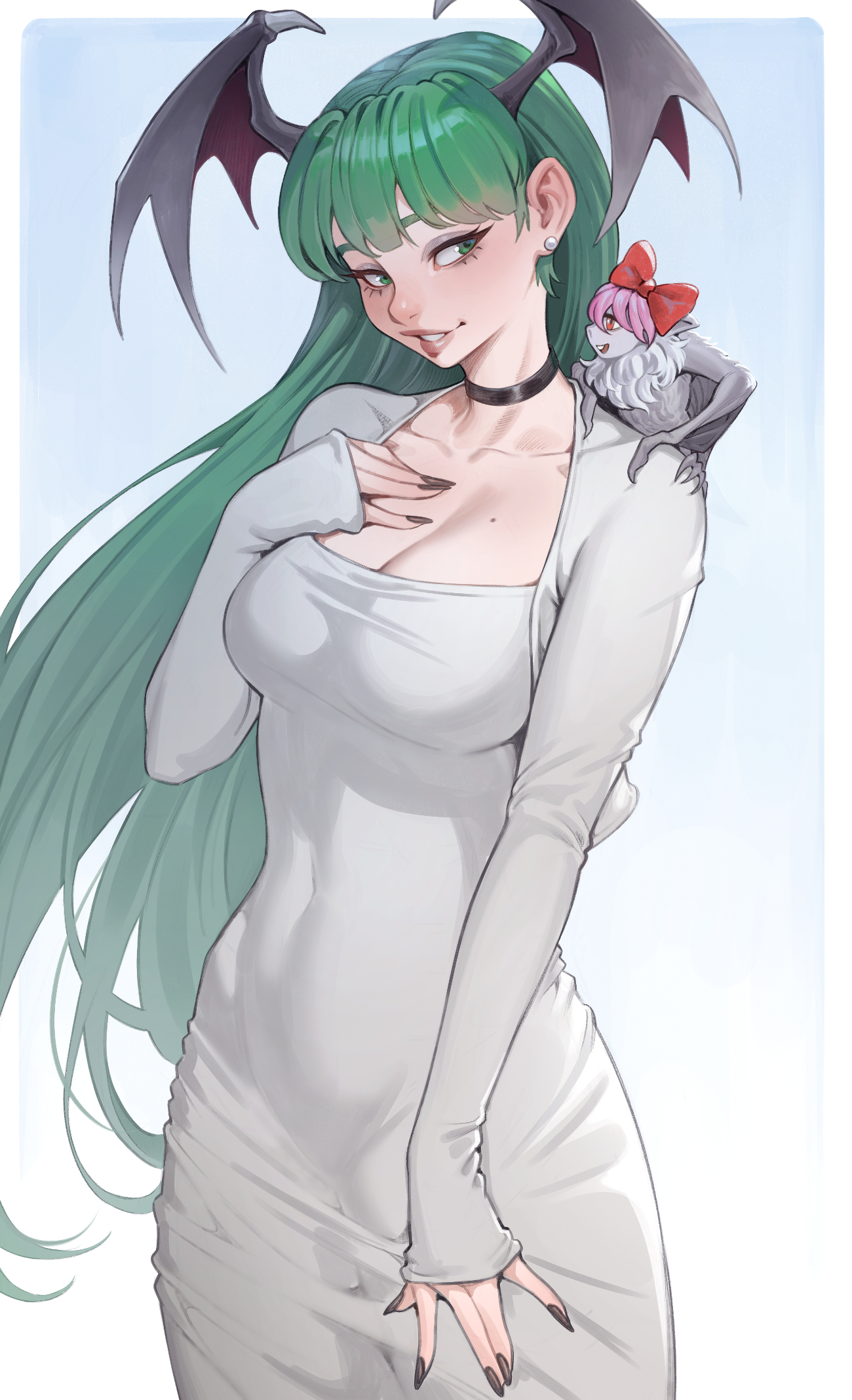 cheshirrr, lilith (darkstalkers), morrigan aensland, darkstalkers, highres, 2girls, animal, animal on shoulder, animalization, bat (animal), black choker, breasts, choker, cleavage, cowboy shot, dress, earrings, green eyes, green hair, hand on own chest, head wings, jewelry, large breasts, long hair, multiple girls, tight clothes, tight dress, white dress, wings