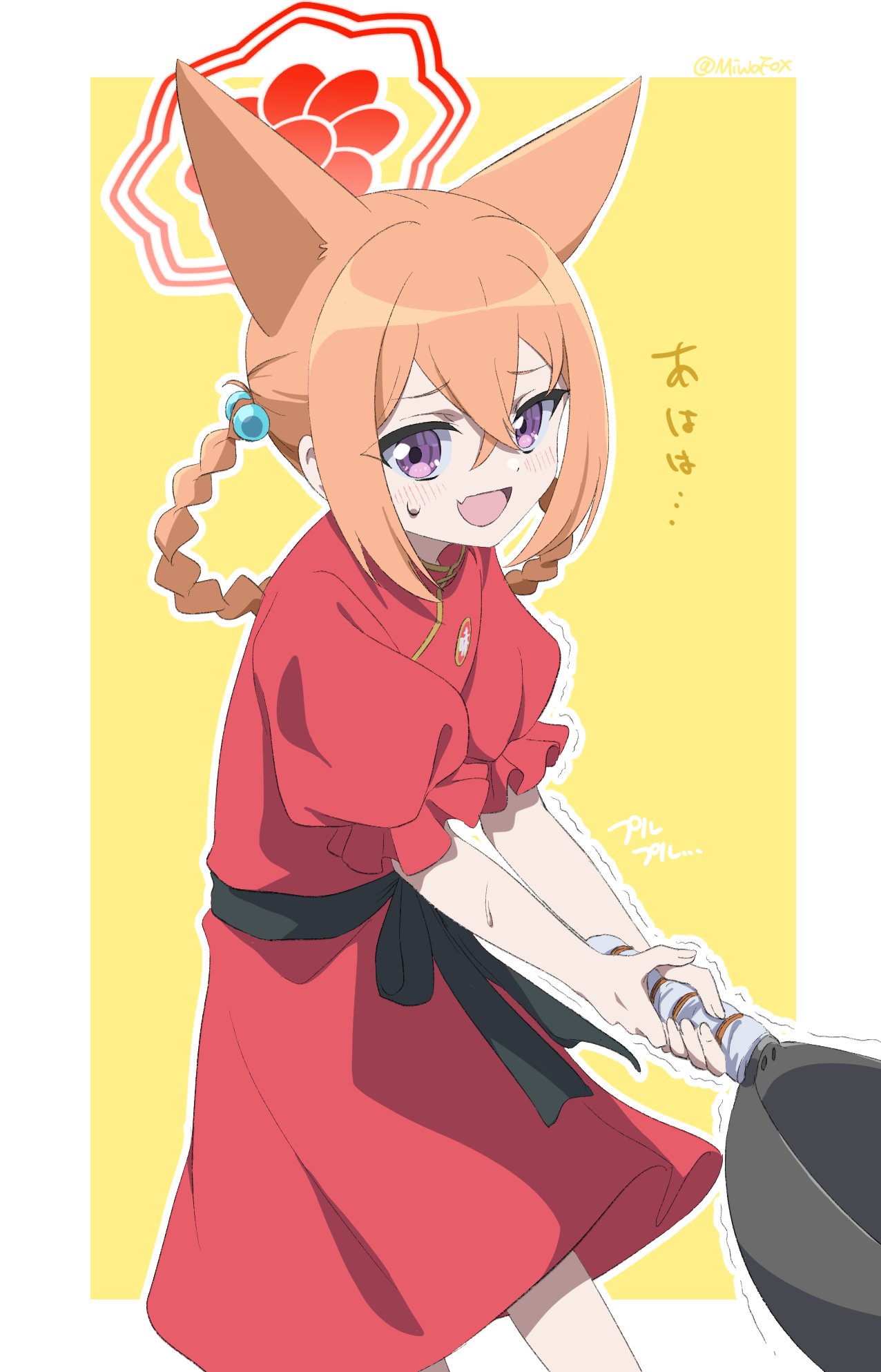 minowa sukyaru, rumi (blue archive), rumi (small) (blue archive), blue archive, commentary, highres, translated, 1girl, :d, animal ears, blush, border, braid, braided hair rings, china dress, chinese clothes, cowboy shot, crossed bangs, double-parted bangs, dress, extra ears, fang, fox ears, fox girl, frilled sleeves, frills, furrowed brow, hair between eyes, hair rings, halo, holding, looking at viewer, official alternate costume, official alternate hairstyle, open mouth, orange hair, outline, outside border, puffy short sleeves, puffy sleeves, purple eyes, red dress, red halo, short sleeves, sidelocks, simple background, skin fang, smile, solo, sound effects, sweatdrop, trembling, v arms, white border, white outline, wok, yellow background