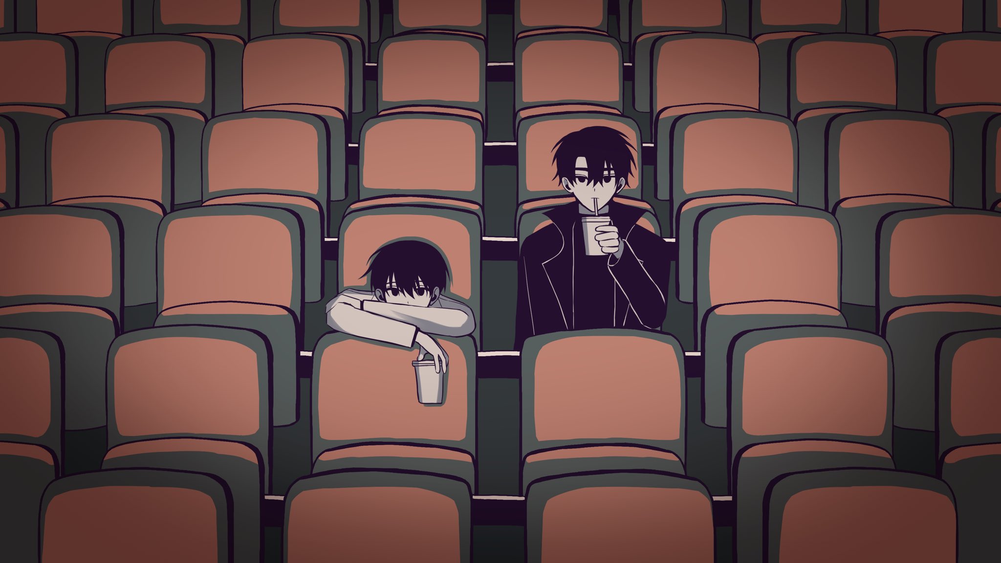 kim dokja, yoo joonghyuk, omniscient reader's viewpoint, hashtag-only commentary, highres, 2boys, black coat, black eyes, black hair, black shirt, bored, coat, collared shirt, drink, drinking, elbow rest, hand up, holding, holding drink, leaning forward, len i00, looking at viewer, male focus, movie theater, multiple boys, open clothes, open coat, popped collar, shirt, short hair, sitting, upper body, white coat