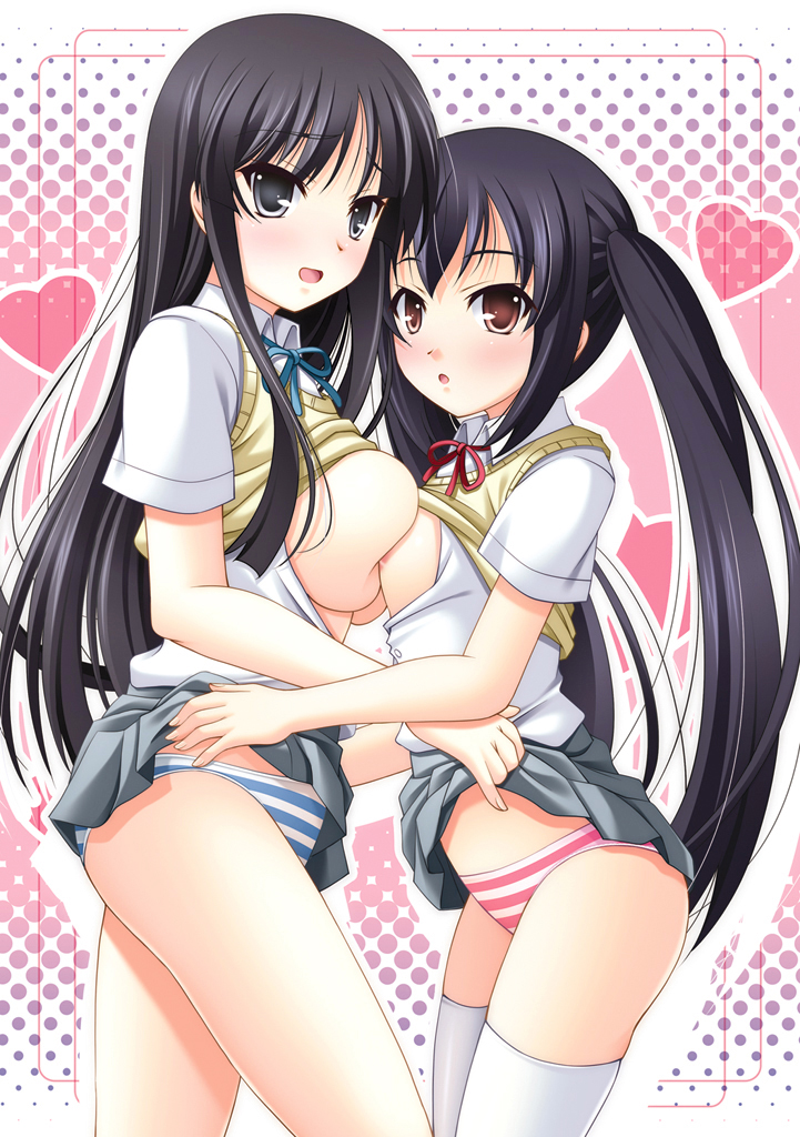 narutaki shin, akiyama mio, nakano azusa, k-on!, 00s, 2girls, asymmetrical docking, black eyes, black hair, breast press, breasts, brown eyes, clothes lift, cowboy shot, flat chest, heart, large breasts, long hair, multiple girls, panties, school uniform, shirt lift, skirt, skirt lift, striped clothes, striped panties, thighhighs, twintails, underwear, white thighhighs, yuri