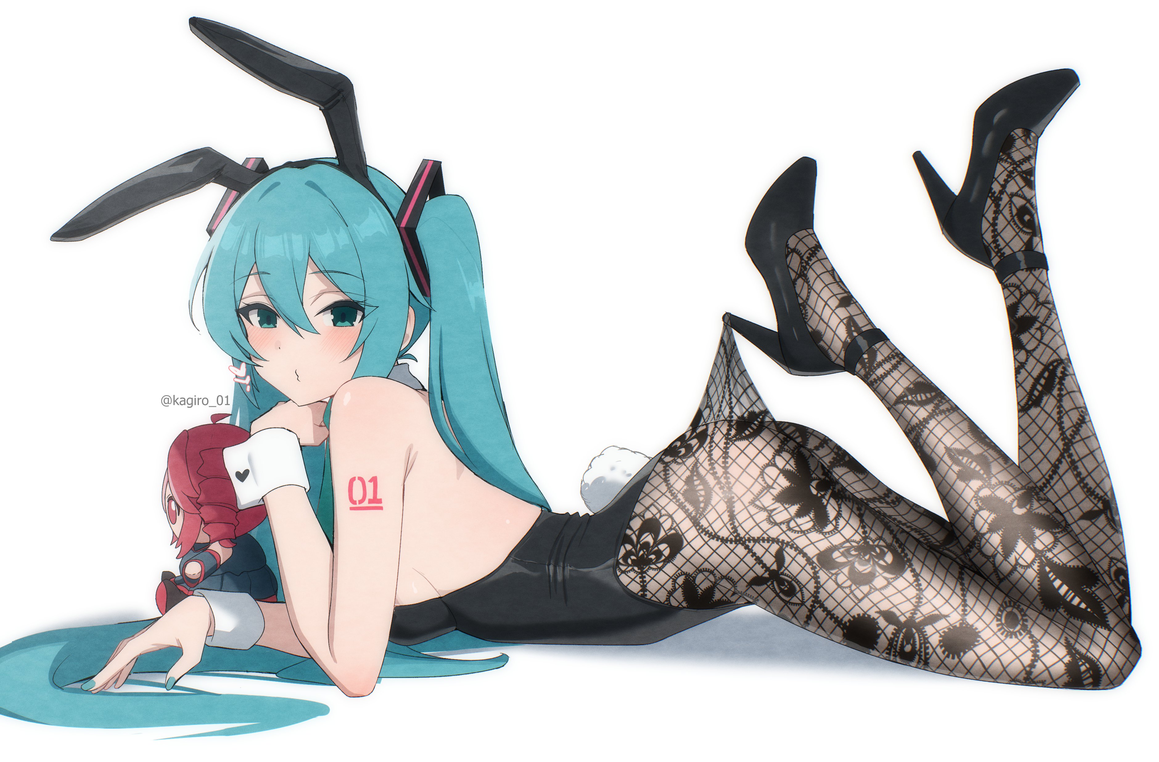 kagironsfw, hatsune miku, kasane teto, vocaloid, absurdres, highres, 1girl, animal ears, aqua eyes, aqua hair, arm tattoo, black leotard, lace, lace pantyhose, lace pantyhose hooked on heel (meme), leotard, long hair, lying, meme, on stomach, pantyhose, rabbit ears, rabbit tail, simple background, solo, stuffed toy, tail, tattoo, twintails, white background