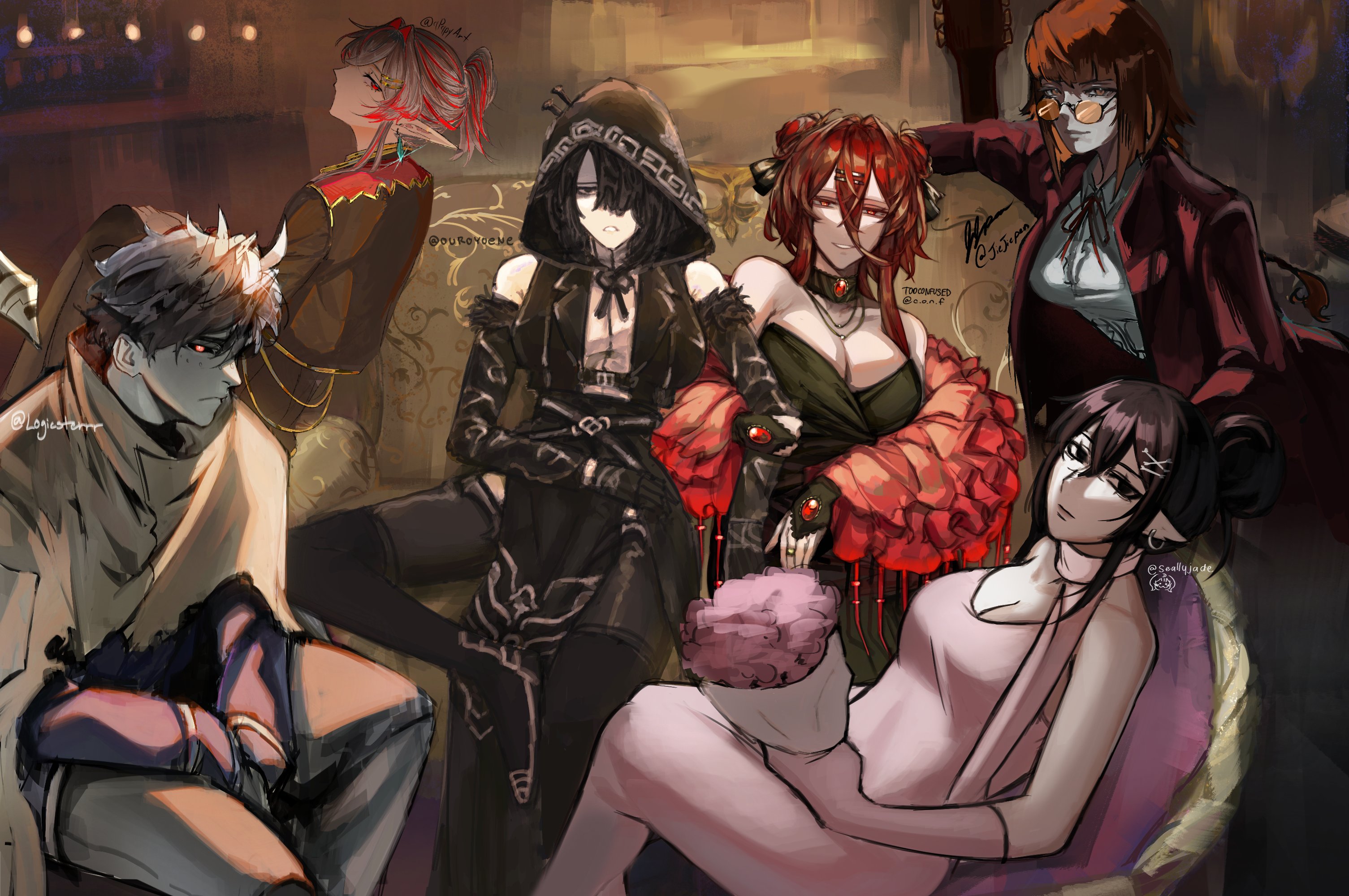 logicsterrr, original, artist collaboration, clothing request, highres, 1boy, 5girls, :<, alternate costume, belt, black cloak, black coat, black dress, black eyes, black gloves, black hair, black jacket, black sclera, bob cut, borrowed clothes, bouquet, breasts, brown hair, chair, cleavage, cloak, coat, collar, colored sclera, detached sleeves, double bun, dress, flower, frown, fur-trimmed sleeves, fur trim, gloves, hair between eyes, hair bun, hair ornament, hair over one eye, hands on lap, head tilt, high ponytail, holding, holding bouquet, hood, hood up, hooded cloak, horns, indoors, jacket, knee up, long sidelocks, looking at viewer, multiple girls, neck ribbon, orange-tinted eyewear, orange eyes, pink dress, ponytail, red jacket, red streaks, ribbon, shirt, short hair, sidelocks, sitting, tinted eyewear, twitter username, white shirt, x hair ornament