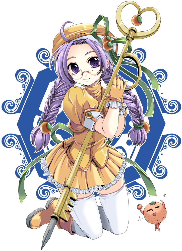 shinolion, takitsume shino, original, bad id, bad pixiv id, 1girl, boots, braid, dress, female focus, food, food-themed clothes, fruit, glasses, gloves, hat, key, kneeling, long hair, orange (fruit), oversized object, purple eyes, purple hair, smile, solo, staff, thighhighs, twin braids, white thighhighs