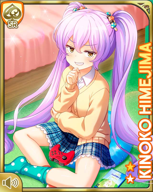 qp:flapper, himejima kinoko, girlfriend (kari), official art, tagme, 1girl, bedroom, blue skirt, card (medium), character name, closed mouth, controller, day, food-themed hair ornament, game controller, hair ornament, indoors, long hair, long sleeves, miniskirt, mushroom, on floor, plaid clothes, plaid skirt, pleated skirt, purple hair, school uniform, shirt, sitting, skirt, smile, solo, sweater, twintails, very long hair, white shirt, yellow eyes, yellow sweater