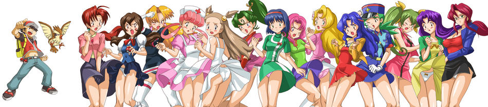 aya (pokemon), ayame (pokemon), erika (pokemon), hanako (pokemon), joy (pokemon), junsaa (pokemon), kanna (pokemon), lily (pokemon), mikan (pokemon), red (pokemon), sakura (pokemon), yamato (pokemon), yuutou seiyo, pokemon, duplicate, elite four, gym leader