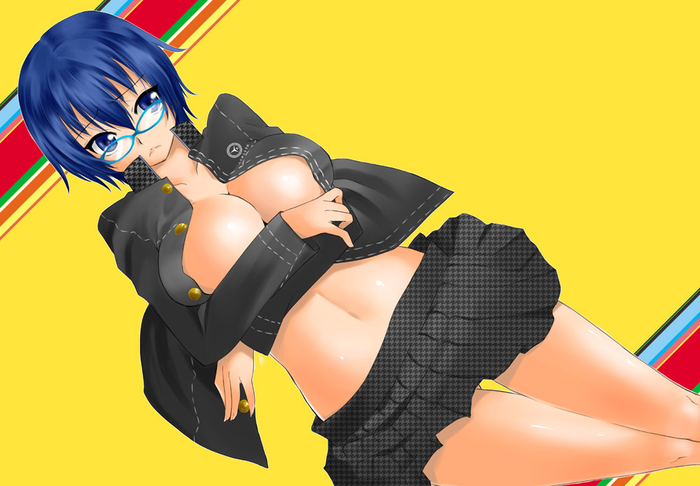 koue, sora megumu, shirogane naoto, atlus, persona, persona 4, bad id, bad pixiv id, 1girl, blue eyes, blue hair, breasts, cleavage, female focus, glasses, houndstooth, large breasts, matching hair/eyes, midriff, navel, short hair, solo