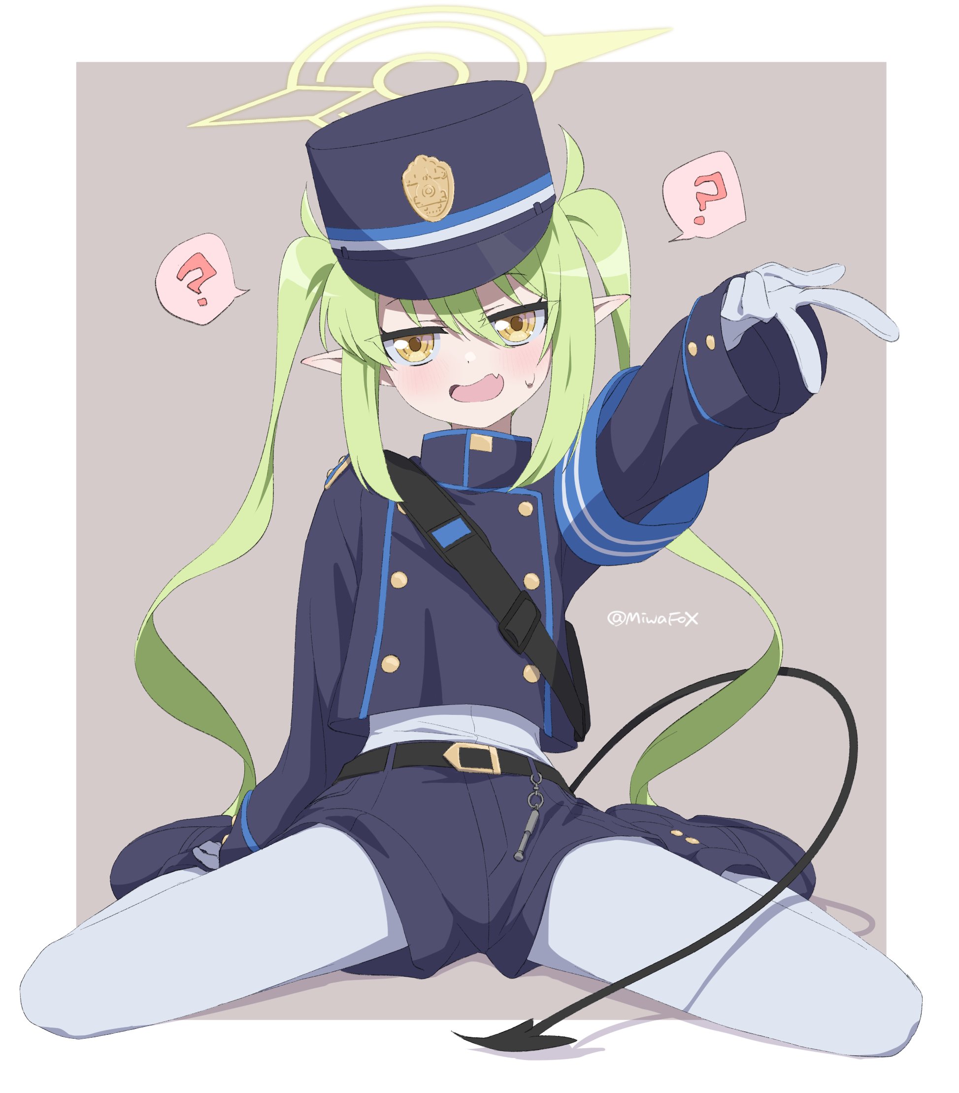 minowa sukyaru, nozomi (blue archive), blue archive, commentary, highres, symbol-only commentary, 1girl, ?, belt, black belt, black boots, black hat, black jacket, black shorts, blush, boots, border, buttons, confused, demon girl, demon tail, double-breasted, eyes visible through hair, fang, full body, gloves, green hair, green halo, grey background, gyaru v, hair between eyes, halo, hat, jacket, long hair, looking at viewer, open mouth, outside border, outstretched arm, pantyhose, peaked cap, pointy ears, shirt, shorts, sidelocks, simple background, sitting, skin fang, smile, solo, speech bubble, spoken question mark, spread legs, straight-on, sweatdrop, tail, twintails, twitter username, v, very long hair, wariza, white border, white gloves, white pantyhose, white shirt, yellow eyes