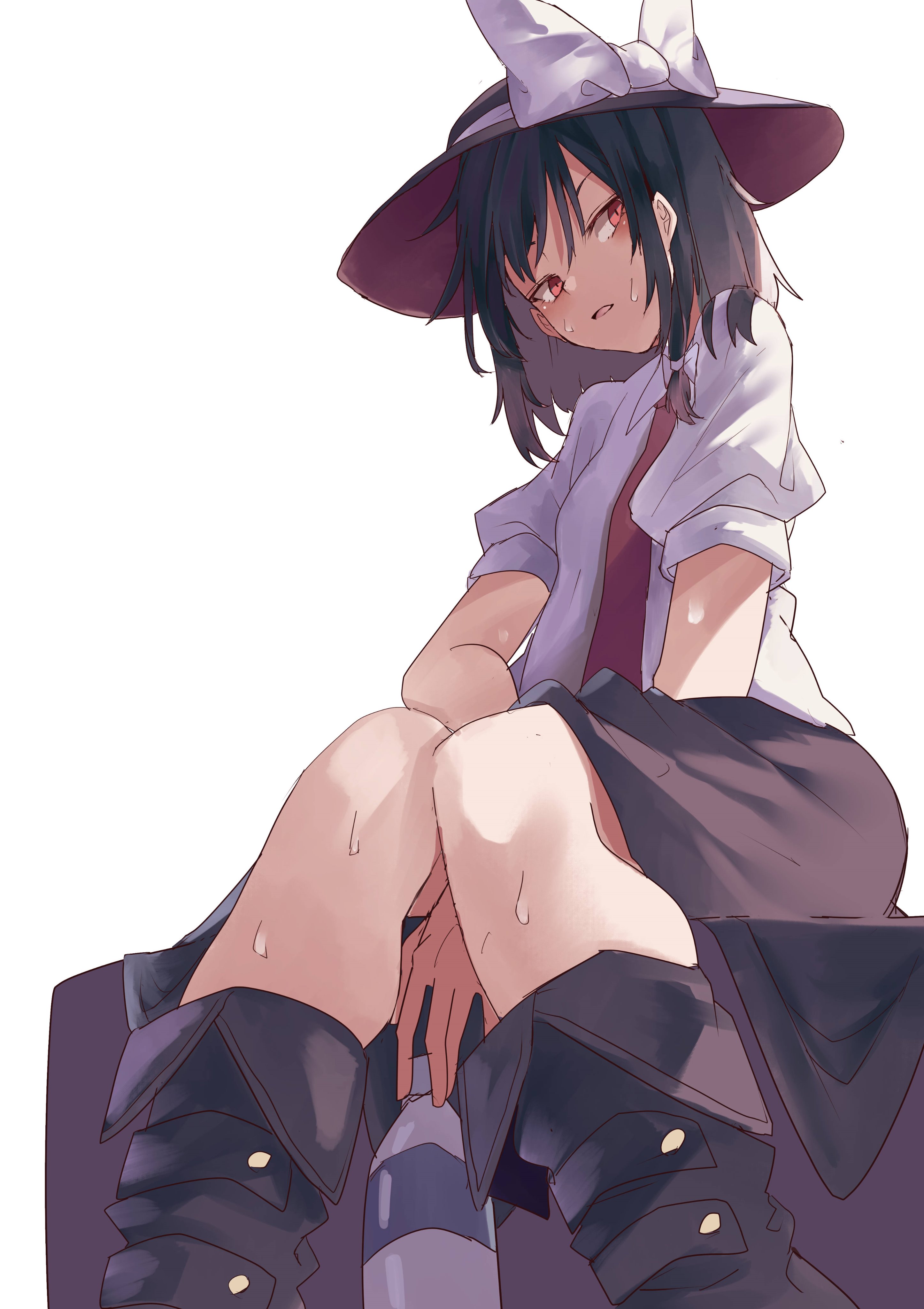 muraryo, usami renko, touhou, absurdres, highres, 1girl, black boots, black hair, black hat, black skirt, boots, bottle, bow, from below, hair between eyes, hair bow, hand between thighs, hat, hat bow, necktie, open mouth, puffy sleeves, red eyes, shirt, short hair, simple background, sitting, skirt, sleeve cuffs, solo, sweat, water bottle, white background, white bow, white shirt