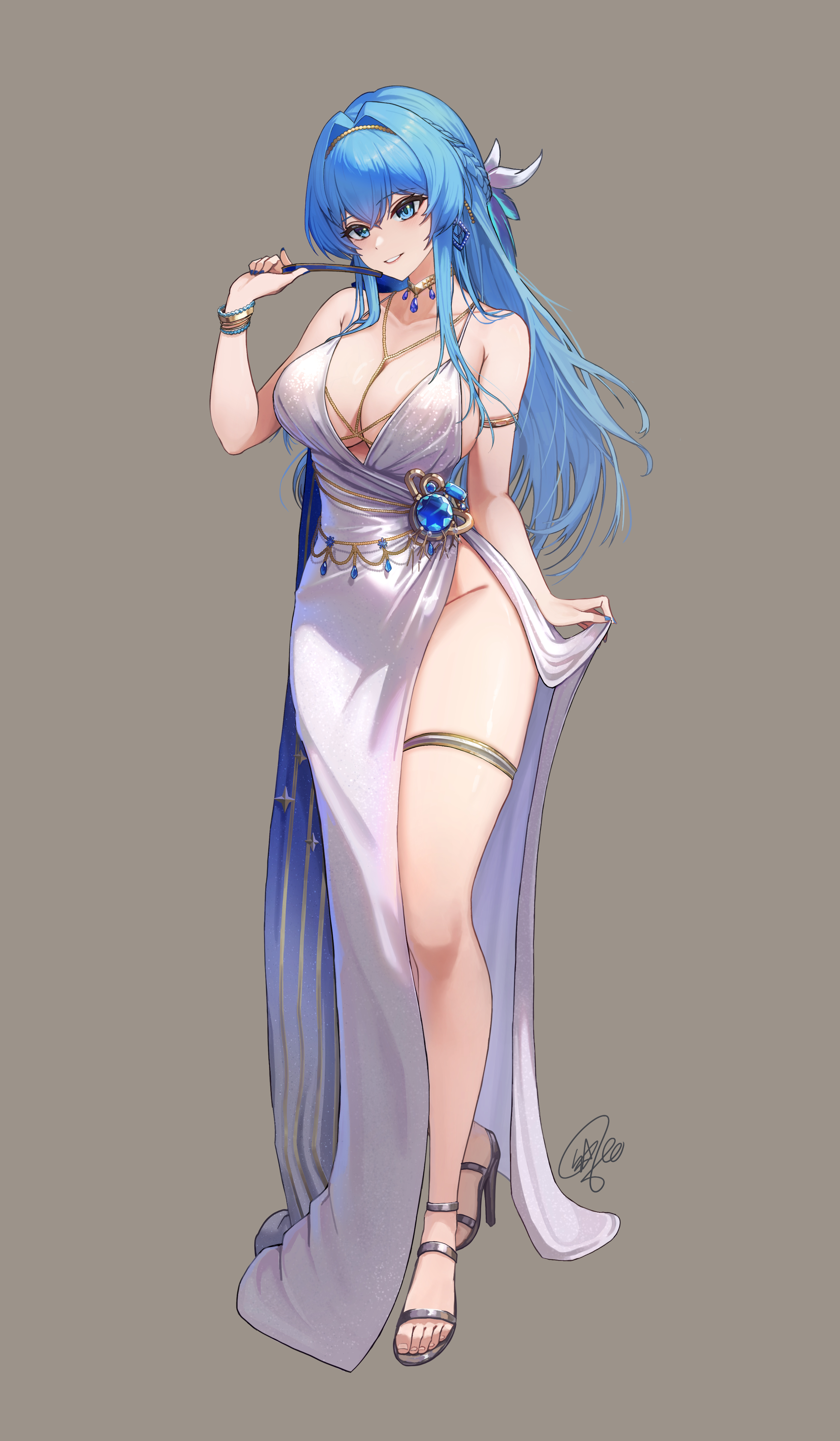 sagle, helm (chandelier) (nikke), helm (nikke), goddess of victory: nikke, absurdres, highres, 1girl, armlet, breasts, cocktail dress, diamond earrings, dress, earrings, evening gown, folded fan, folding fan, full body, gold choker, hand fan, jewelry, official alternate costume, pearl hairband, satin dress, silver dress, solo, thighlet