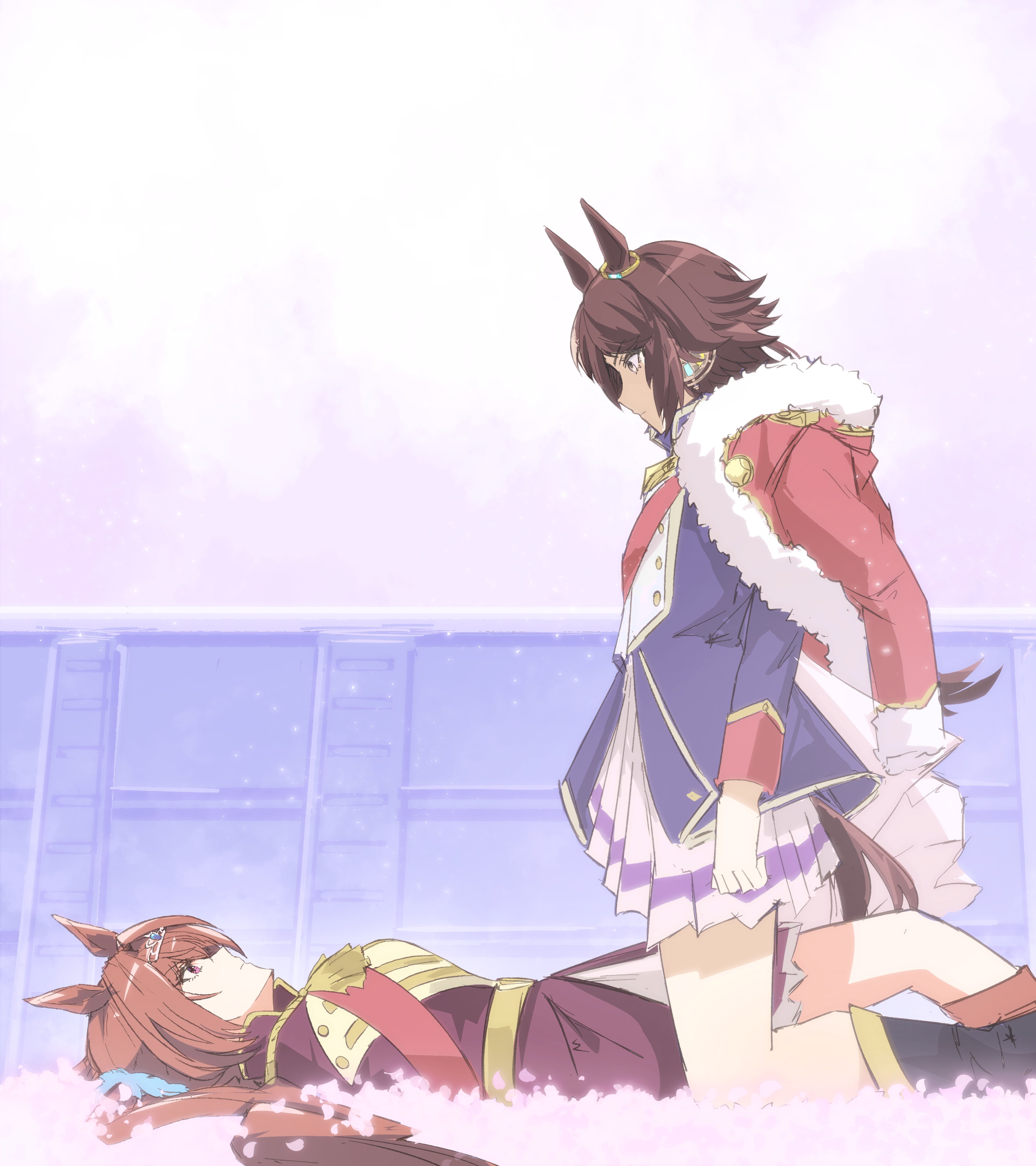 frostfiresoul, daiwa scarlet (umamusume), hanayagi kaoruko, isurugi futaba, vodka (umamusume), shoujo kageki revue starlight, umamusume, absurdres, highres, 2girls, aiguillette, animal ears, belt, blue jacket, breasts, brown eyes, brown hair, closed mouth, cosplay, fur-trimmed jacket, fur trim, hair between eyes, hair intakes, hair over one eye, hanayagi kaoruko (cosplay), horse ears, horse girl, horse tail, isurugi futaba (cosplay), jacket, jacket on shoulders, large breasts, long hair, long sleeves, looking at another, looking at viewer, lying, multicolored hair, multiple girls, on back, purple jacket, red eyes, red sash, sash, shirt, shoulder sash, side-by-side, single stripe, skirt, striped clothes, striped skirt, tail, twintails, very long hair, waist cape, white hair, white shirt, white skirt, yellow belt