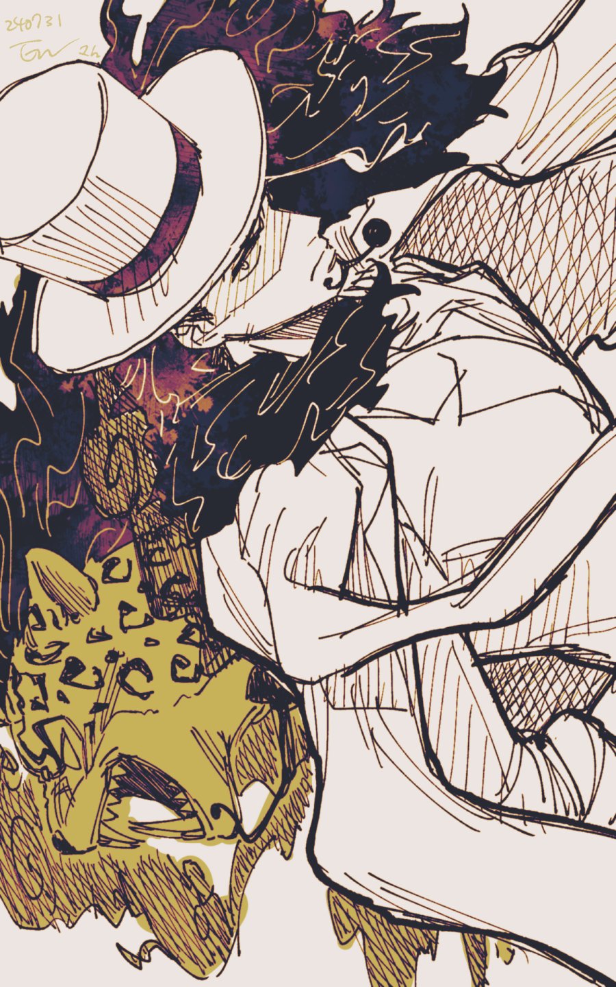 tagawa jiro, rob lucci, one piece, commentary request, highres, 1boy, alternate form, closed mouth, coat, coat on shoulders, dated, facial hair, goatee, hat, jacket, jaguar boy, long hair, looking at viewer, multiple views, tusks