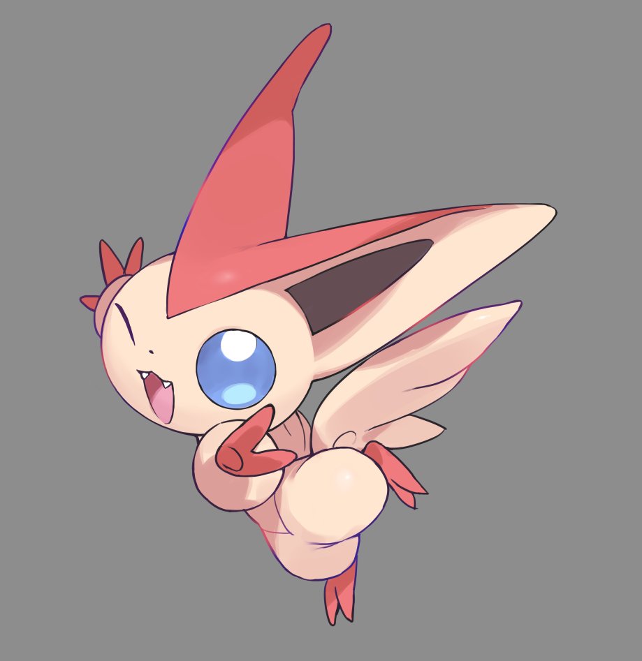 shisantian, victini, nintendo, pokemon, commentary, symbol-only commentary, blue eyes, blue sclera, colored sclera, fangs, full body, gen 5 pokemon, legendary pokemon, looking at viewer, mythical pokemon, no humans, one eye closed, open mouth, pokemon (creature), pokemon focus, simple background, smile, solo