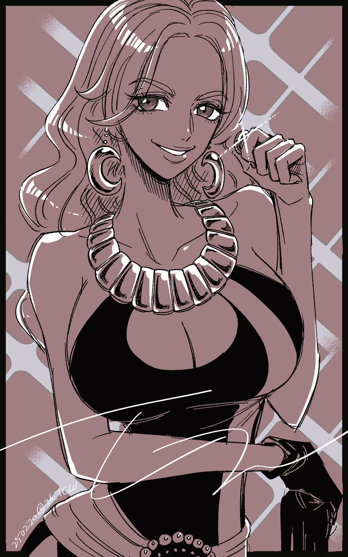 tagawa jiro, baccarat (one piece), one piece, one piece film: gold, commentary, highres, 1girl, breasts, coin, cowboy shot, dated, dress, earrings, glint, gloves, greyscale, holding, holding coin, jewelry, large breasts, long hair, monochrome, necklace, single glove, smile, solo, sparkle