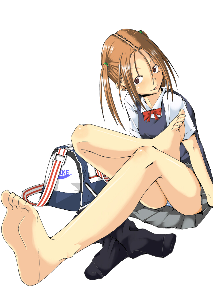 pipa, nike (company), original, bad id, bad pixiv id, 1girl, :p, bag, barefoot, brown eyes, brown hair, duffel bag, feet, female focus, foot focus, legs, panties, school uniform, sitting, skirt, socks, soles, solo, striped clothes, striped panties, toes, tongue, tongue out, twintails, underwear, unworn socks, upskirt