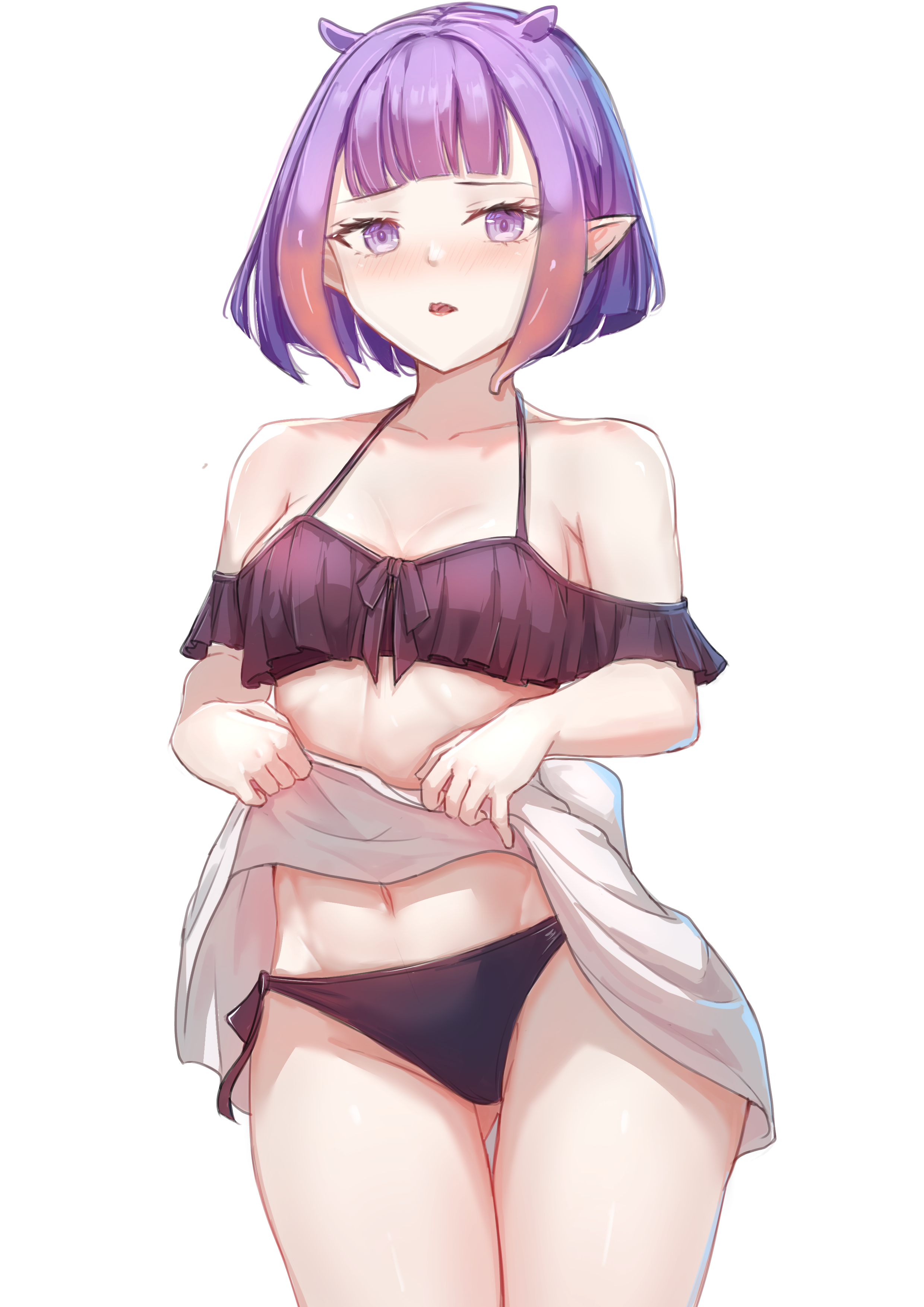 user dwfx8458, ninomae ina'nis, hololive, hololive english, absurdres, highres, 1girl, bikini, black bikini, blush, breasts, cleavage, frilled bikini, frills, looking at viewer, open mouth, pointy ears, purple eyes, purple hair, short hair, small breasts, solo, swimsuit, tentacle hair, virtual youtuber, white background