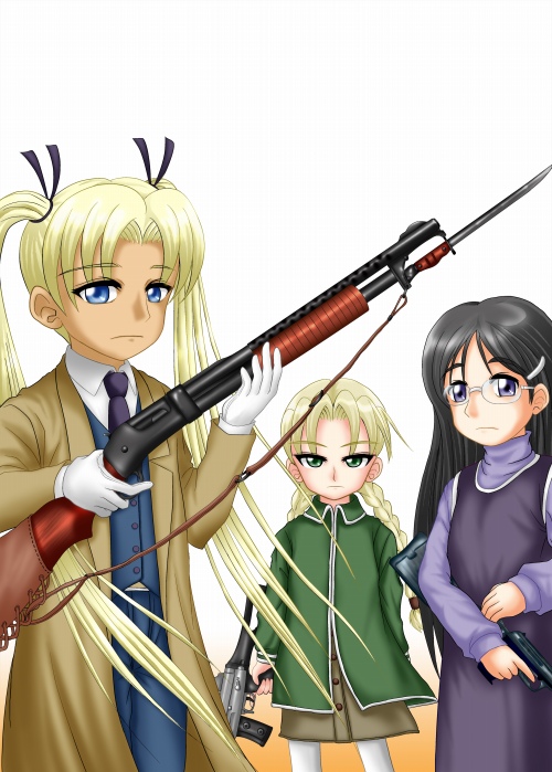 claes, elsa de sica, triela, gunslinger girl, 00s, 3girls, glasses, gun, multiple girls, pump action, shotgun, twintails, weapon, winchester model 1897