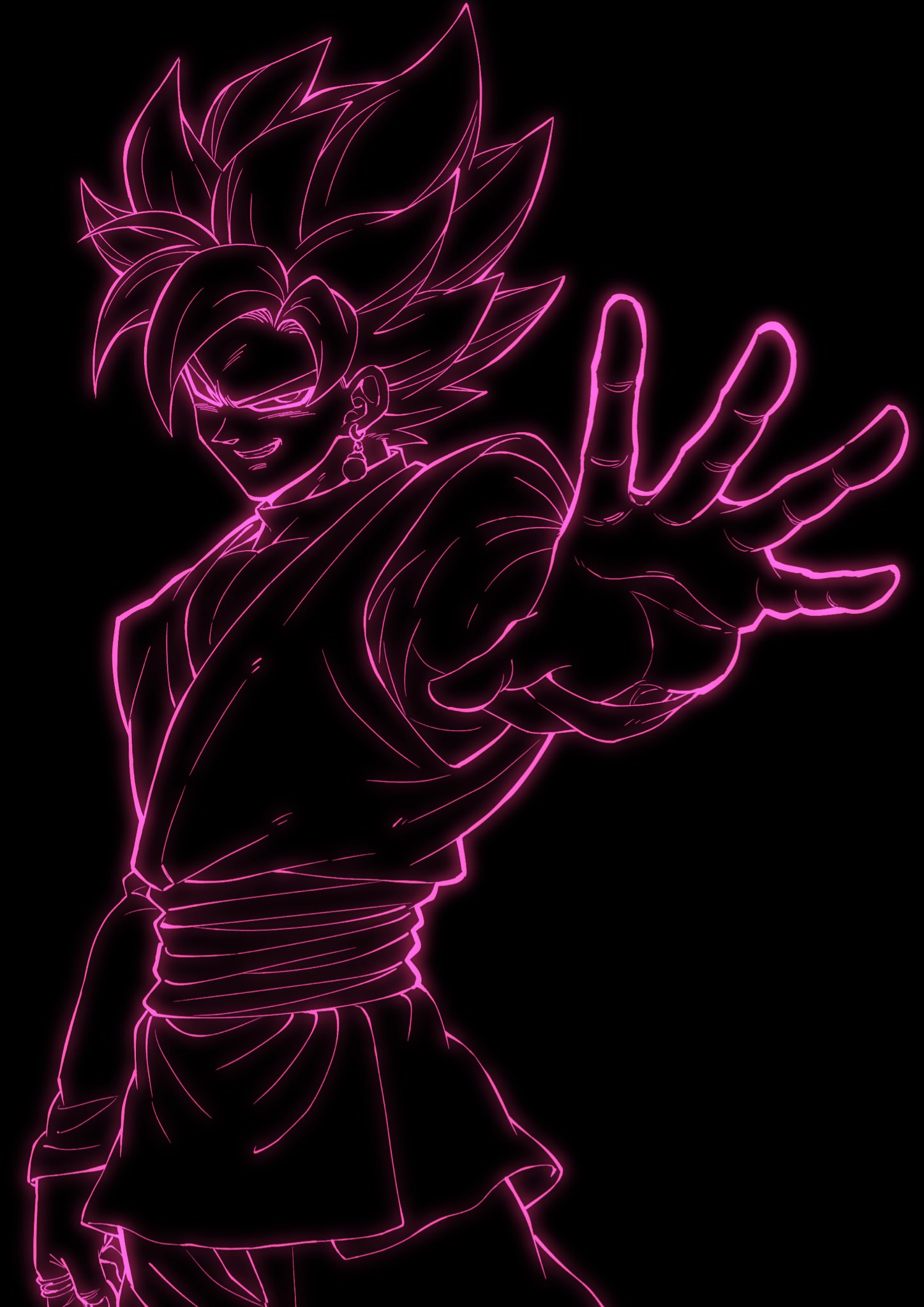 komesan 0212, goku black, dragon ball, dragon ball super, hashtag-only commentary, highres, 1boy, black background, cowboy shot, dougi, earrings, jewelry, lineart, male focus, medium hair, pink theme, potara earrings, simple background, smirk, solo, spiked hair, super saiyan, super saiyan rose, tunic