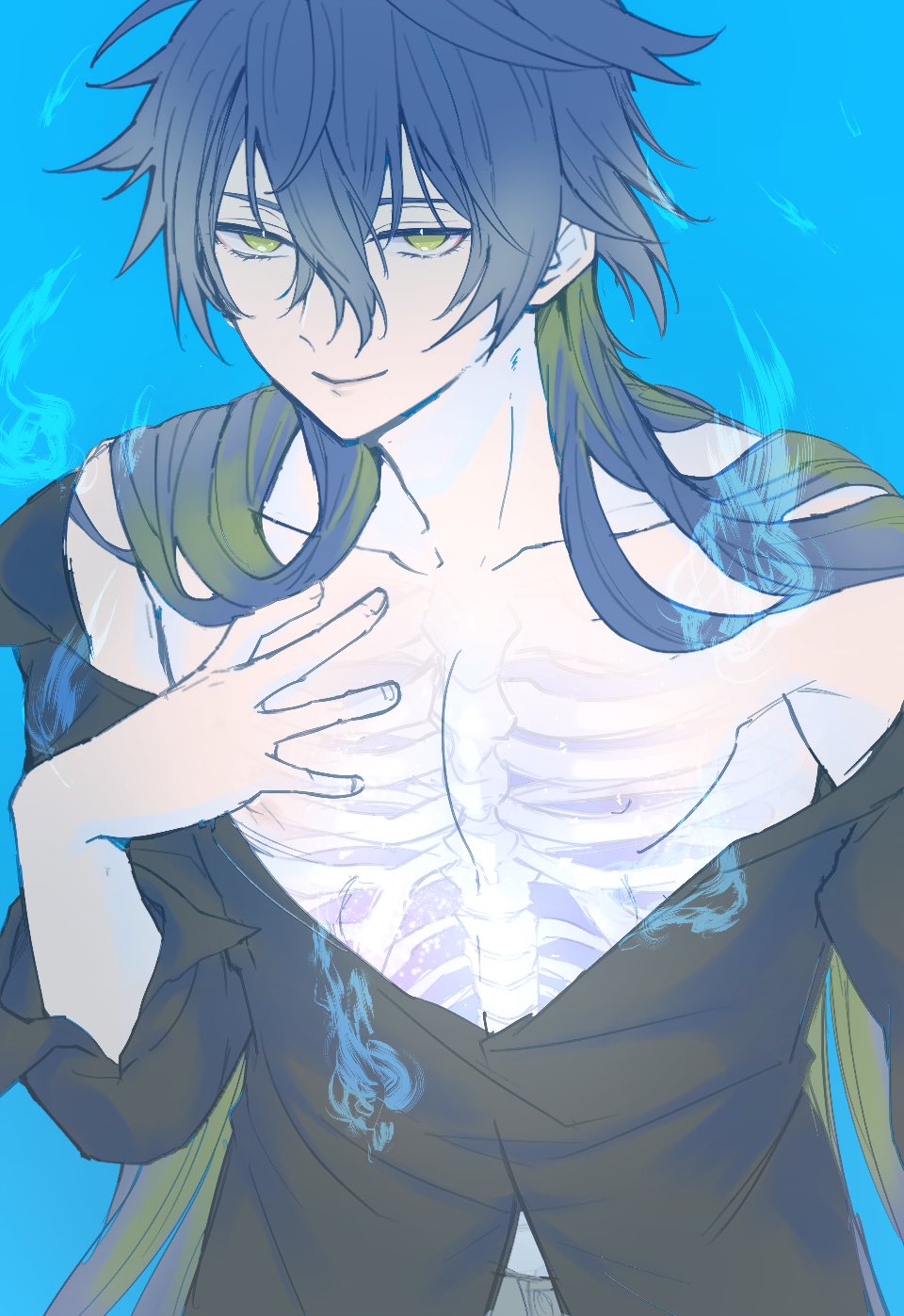 zipped555, flins (genshin impact), genshin impact, commentary, highres, symbol-only commentary, 1boy, absurdly long hair, arm up, black shirt, blue background, blue hair, bone, closed mouth, collarbone, crossed bangs, dot nose, double-parted bangs, hair behind ear, hand on own chest, long hair, male focus, open clothes, open shirt, pectorals, ribs, shirt, smile, solo, very long hair, yellow eyes