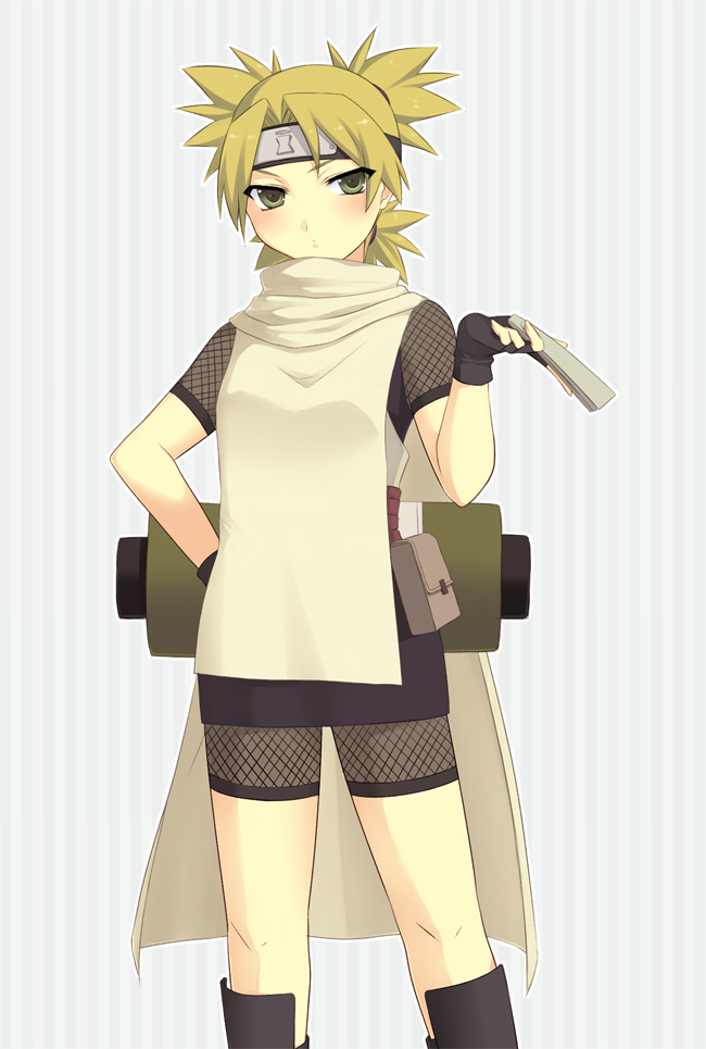 ichii (pixiv), temari (naruto), naruto (classic), naruto (series), 1girl, blonde hair, blush, brown hair, female focus, fingerless gloves, fishnets, gloves, green eyes, headband, ninja, quad tails, scroll, solo, surcoat