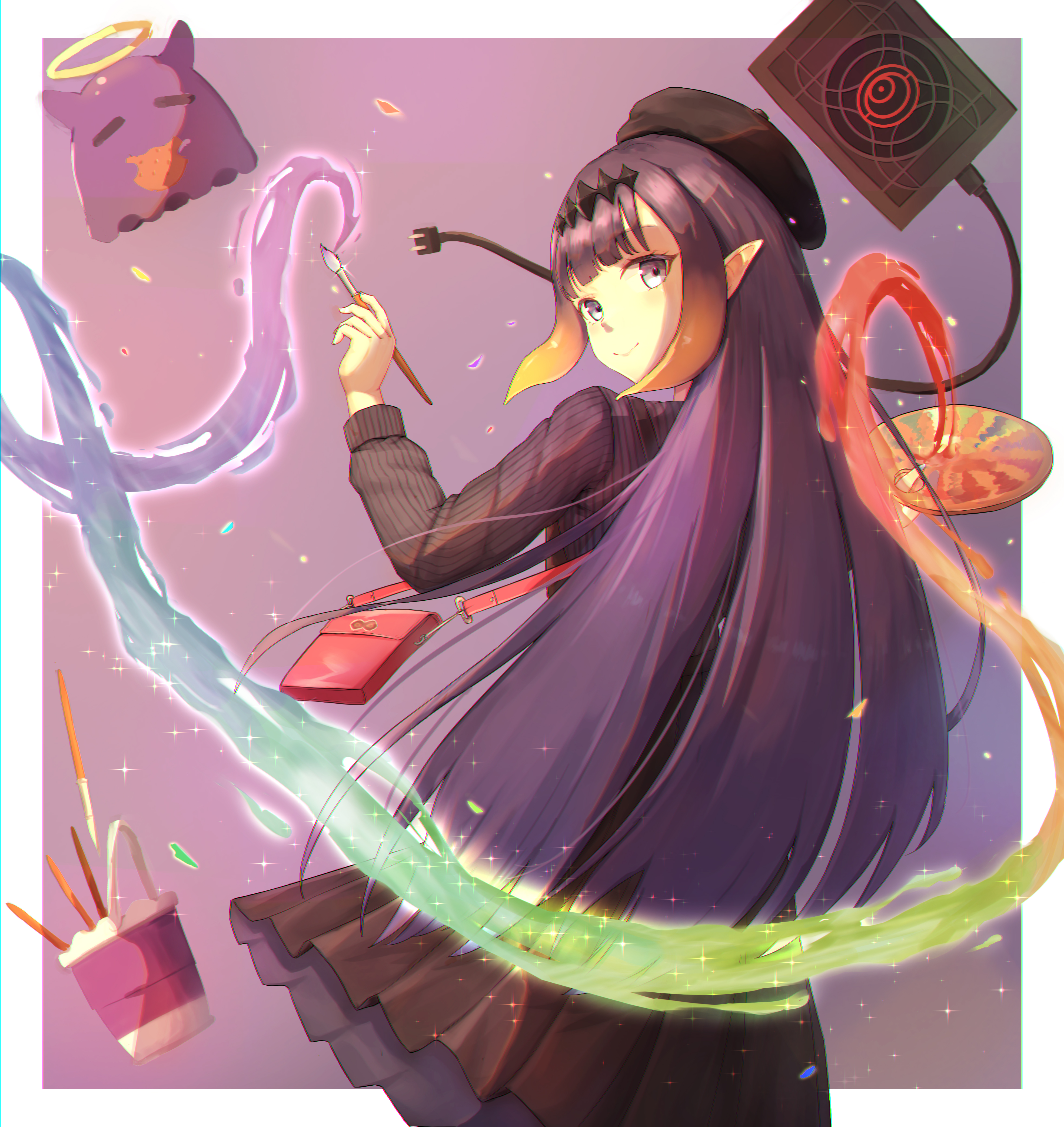 user dwfx8458, ao-chan (ninomae ina'nis), ninomae ina'nis, ninomae ina'nis (casual), takodachi (ninomae ina'nis), hololive, hololive english, absurdres, highres, 1girl, black dress, dress, holding, holding paint palette, holding paintbrush, long hair, official alternate costume, paint palette, paintbrush, purple eyes, purple hair, smile, solo, very long hair, virtual youtuber