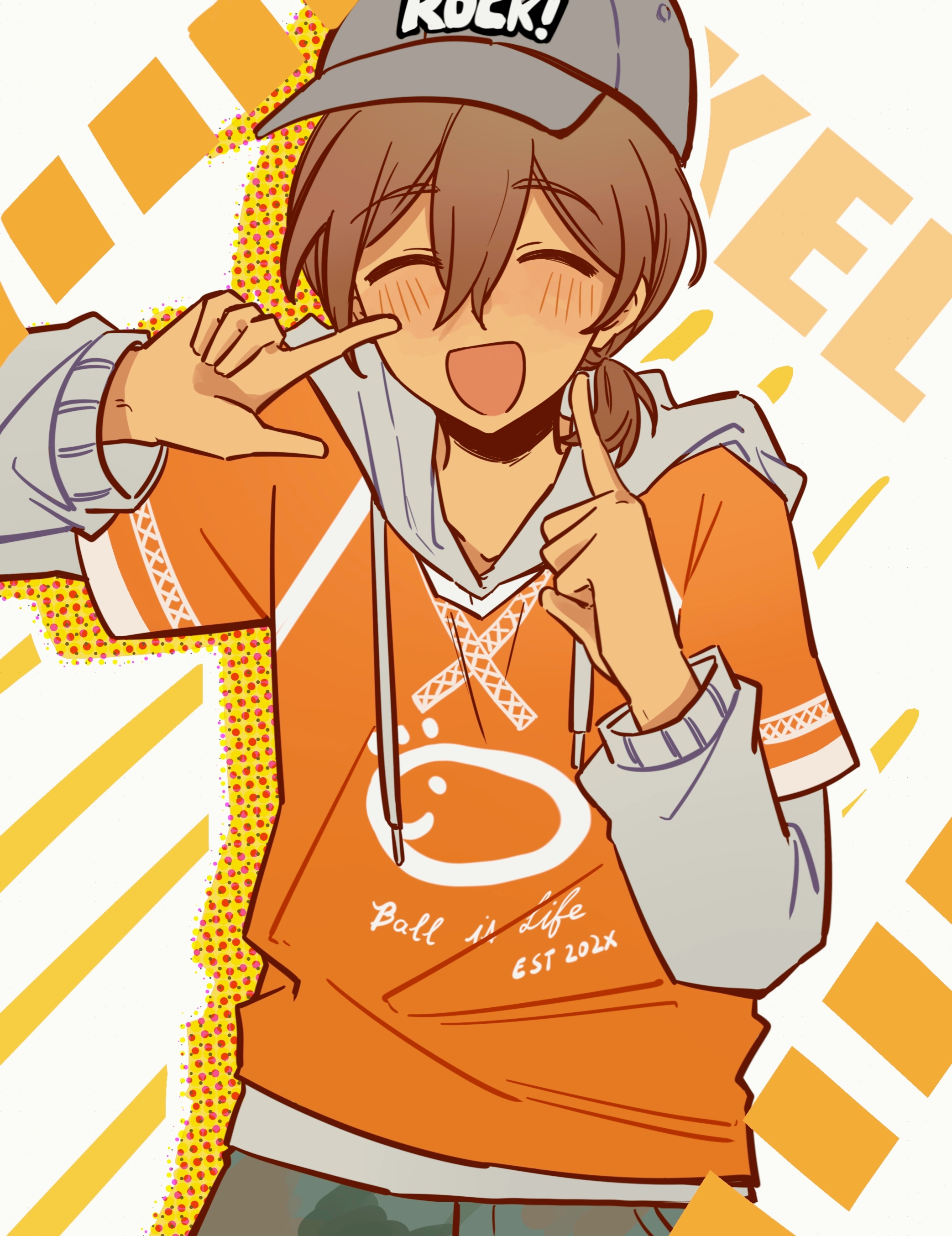 bailan1130, hector (omori), kel (birthday) (omori), kel (faraway) (omori), kel (omori), omori, absurdres, chinese commentary, commentary request, highres, 1boy, :d, ^ ^, baseball cap, brown eyes, brown hair, camouflage, camouflage pants, character name, closed eyes, clothes writing, dark-skinned male, dark skin, double-parted bangs, drawstring, english text, facing viewer, finger to cheek, grey hat, grey hoodie, grey pants, hair between eyes, halftone, halftone background, hands up, hat, hood, hood down, hoodie, index fingers raised, layered sleeves, long sleeves, low side ponytail, male focus, official alternate costume, official alternate hairstyle, open mouth, orange shirt, outline, pants, pointing, pointing at self, puffy long sleeves, puffy sleeves, shirt, short hair, short over long sleeves, short side ponytail, short sleeves, side ponytail, simple background, smile, solo, standing, straight-on, upper body, white background, white outline