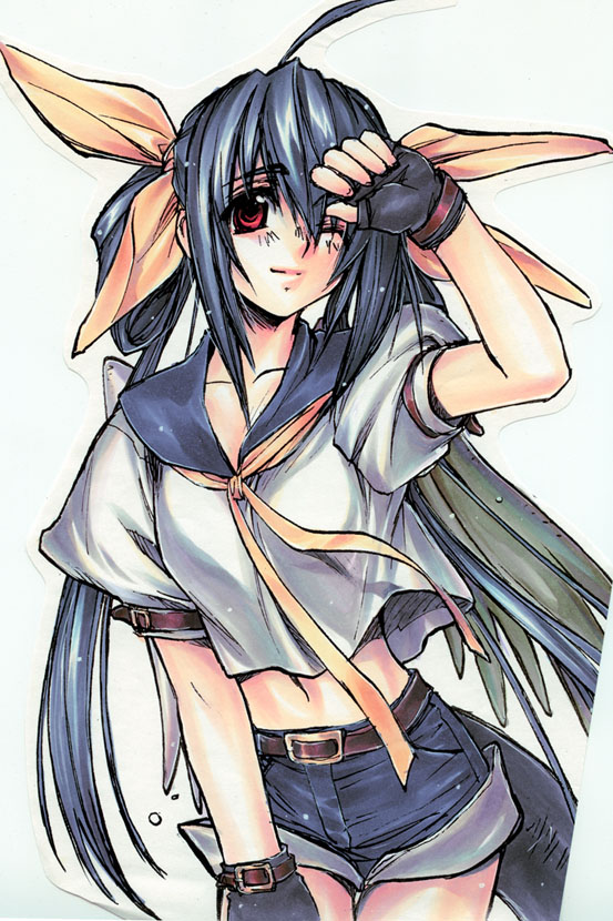 wanko (pixiv), wanko (takohati8), dizzy (guilty gear), arc system works, guilty gear, 1girl, asymmetrical wings, blue hair, blue sailor collar, blush, bow, female focus, fingerless gloves, gloves, hair bow, hair ribbon, long hair, midriff, midriff peek, navel, one eye closed, red eyes, ribbon, sailor collar, shorts, solo, tail, wings, wink