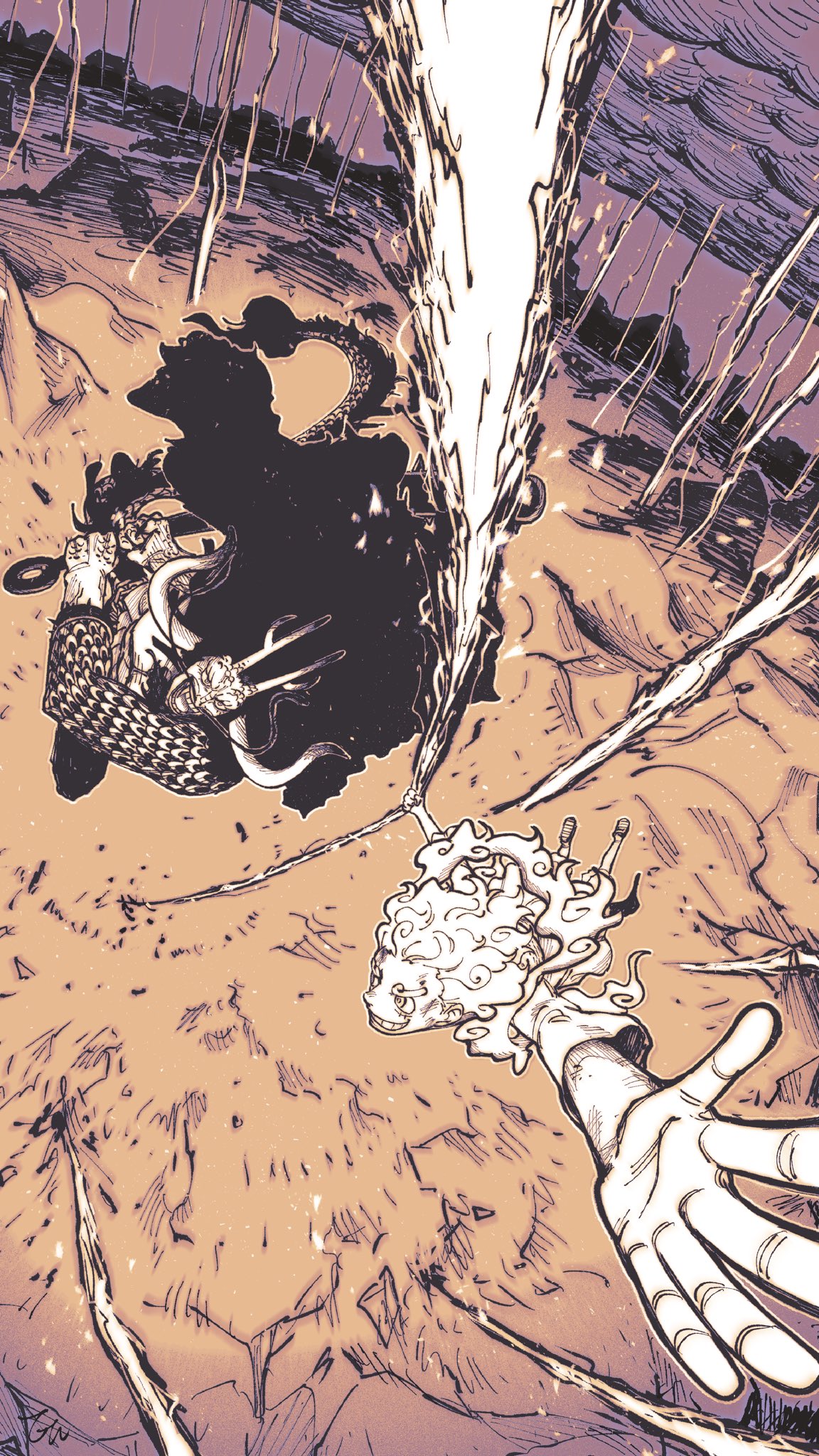 tagawa jiro, kaidou (one piece), monkey d. luffy, one piece, commentary request, highres, 2boys, alternate form, attack, cloud, eye contact, facial hair, facial mark, from above, greyscale, hagoromo, holding, holding weapon, horns, long hair, long mustache, looking at another, male focus, monochrome, multiple boys, mustache, sandals, shawl, smile, weapon