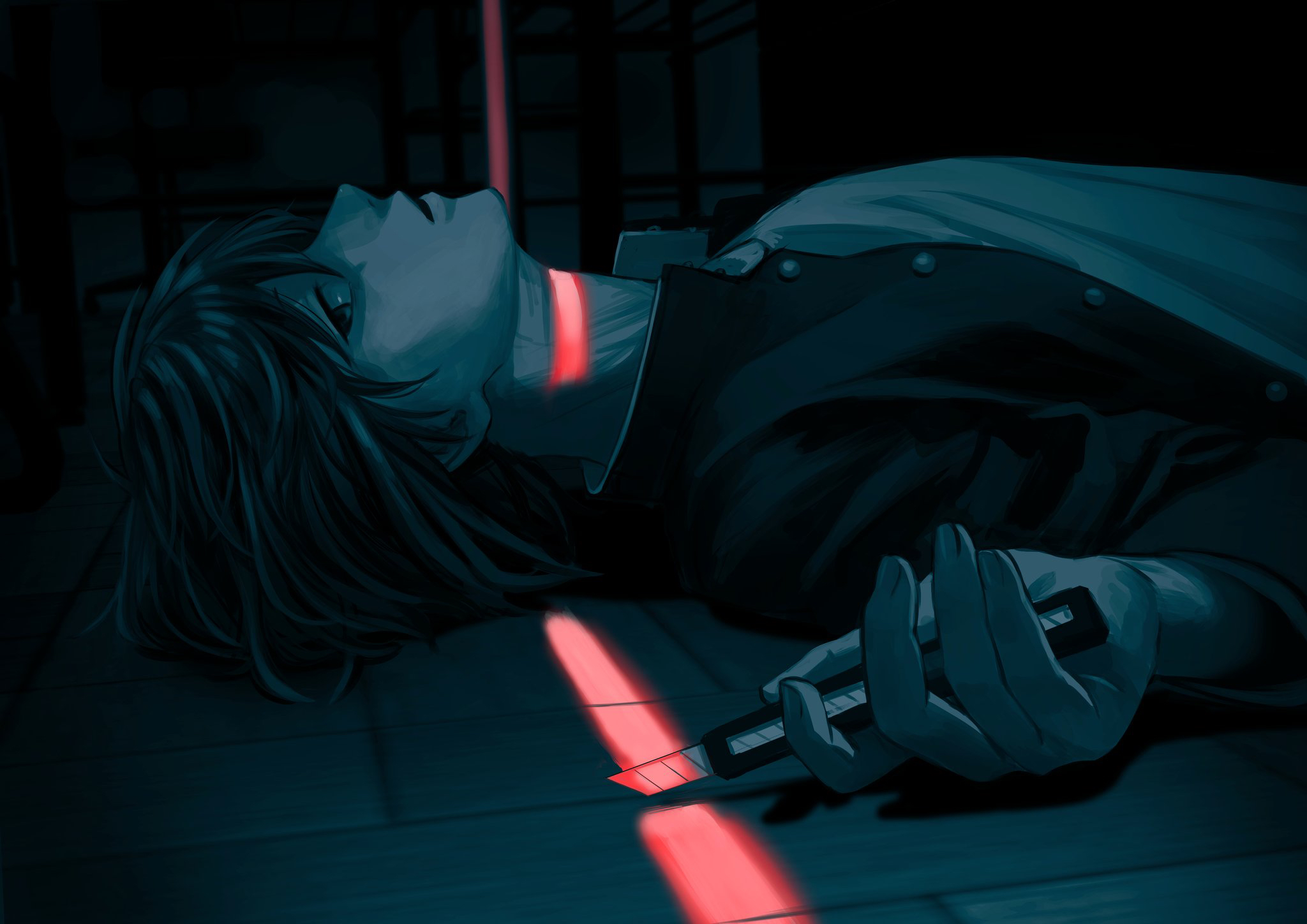 nil (pixiv 53614557), tsukada satoru, randal's friends, commentary request, highres, 1boy, boxcutter, crack of light, dark, gakuran, holding, holding boxcutter, indoors, jacket, looking at viewer, lying, male focus, on back, open clothes, open jacket, school uniform, short hair, solo, upper body