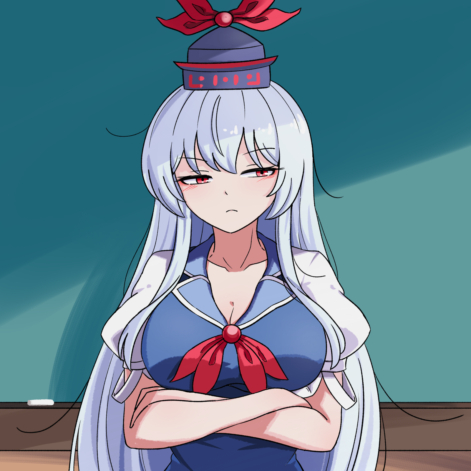 ehehe52921343, kamishirasawa keine, touhou, bilingual commentary, commentary, english commentary, highres, korean commentary, mixed-language commentary, 1girl, blue dress, breasts, chalkboard, cleavage, closed mouth, collarbone, crossed arms, dress, frown, hat, large breasts, long hair, looking at viewer, red eyes, short sleeves, solo, unamused, upper body, very long hair, white hair
