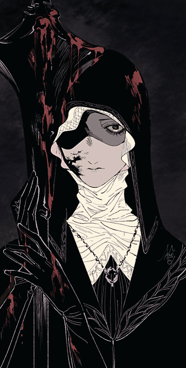hiyashiraaaamen, undertaker (elden ring), elden ring, elden ring nightreign, highres, 1girl, black background, black gloves, blood, blood on face, capelet, elbow gloves, gloves, holding, holding mace, holding weapon, hood, hood up, jewelry, mace, necklace, nun, one eye in shadow, solo, upper body, weapon