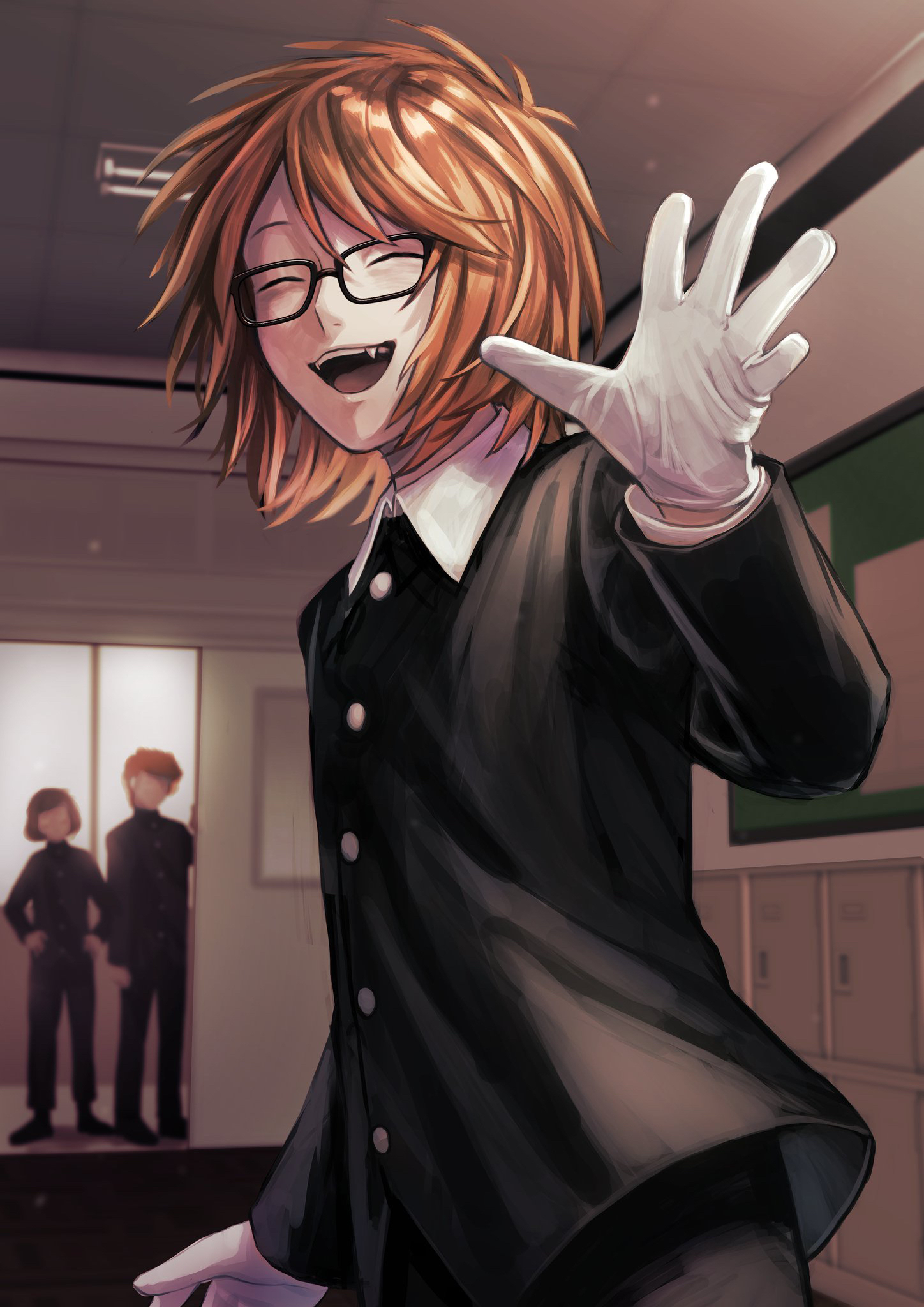 nil (pixiv 53614557), luther von ivory, randal ivory, sebastian de tomato smith chicken legs, randal's friends, commentary request, highres, 3boys, black jacket, classroom, closed eyes, dream luther, fang, glasses, gloves, hand up, indoors, jacket, male focus, multiple boys, orange hair, short hair, standing, white gloves