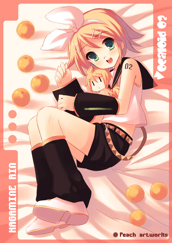 peach88, kagamine len, kagamine rin, vocaloid, bad id, bad pixiv id, 1boy, 1girl, blonde hair, blue eyes, blush, bow, brother and sister, chibi, food, fruit, green eyes, hair bow, hair ribbon, hetero, holding, hug, lying, mandarin orange, orange (fruit), ribbon, sailor collar, shirt, short hair, shorts, siblings, smile, twins