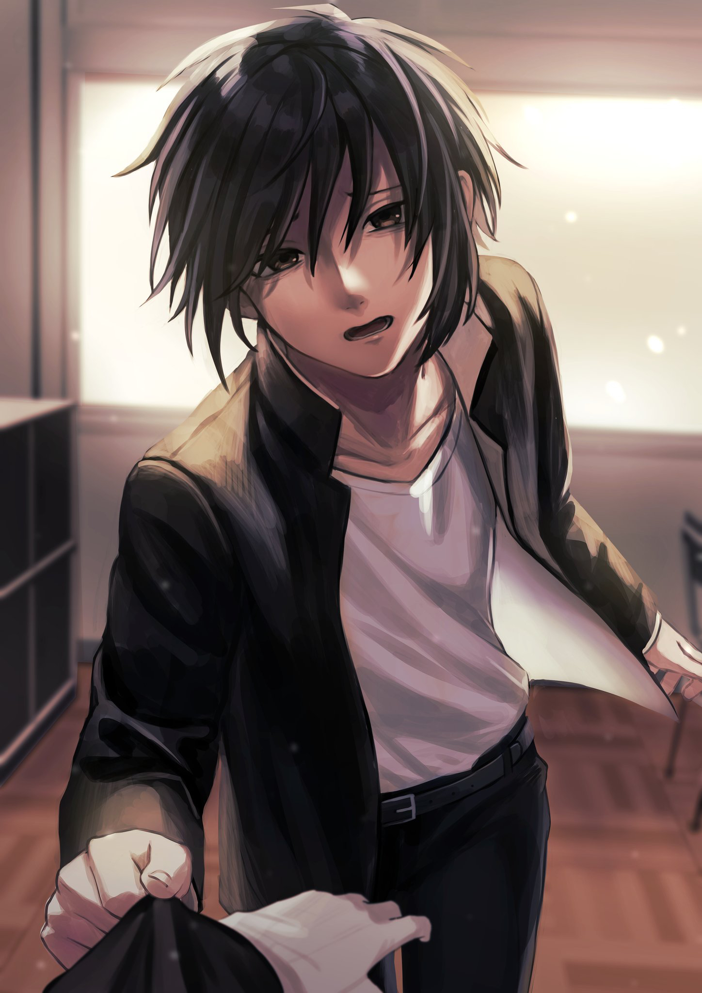nil (pixiv 53614557), randal ivory, tsukada satoru, randal's friends, commentary request, highres, 2boys, black eyes, black hair, black jacket, classroom, gakuran, gloves, grabbing another's arm, indoors, jacket, looking at viewer, male focus, multiple boys, pov, school uniform, short hair, standing, white gloves