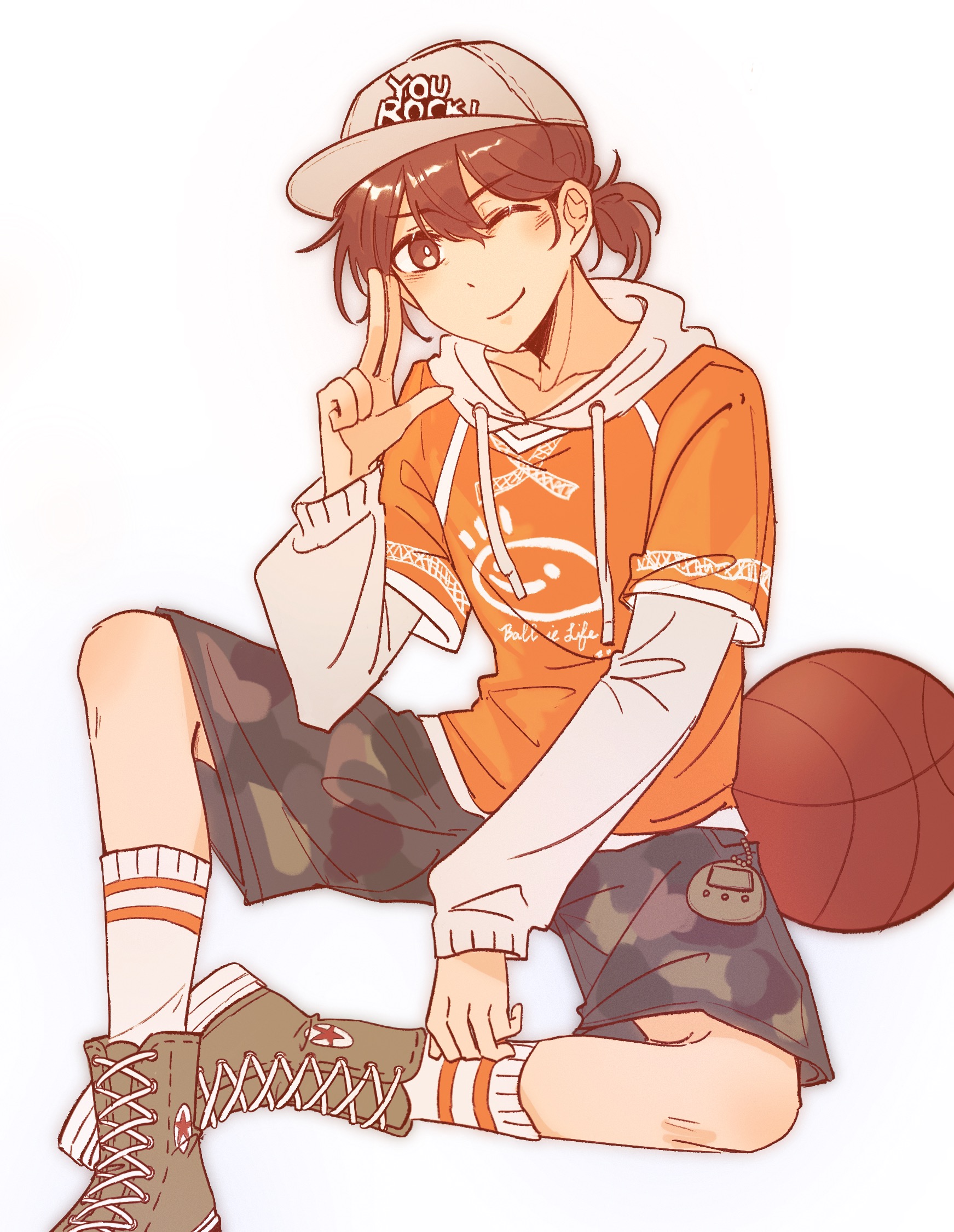 css021125, hector (omori), kel (birthday) (omori), kel (faraway) (omori), kel (omori), omori, chinese commentary, commentary request, highres, 1boy, ;), alternate eye color, baseball cap, blush, bright pupils, brown eyes, brown hair, camouflage, camouflage shorts, closed mouth, clothes writing, dark-skinned male, dark skin, double-parted bangs, drawstring, english text, full body, green shoes, grey hat, hair between eyes, hat, hood, hoodie, knees apart feet together, long sleeves, looking at viewer, low ponytail, male focus, official alternate costume, official alternate hairstyle, one eye closed, orange hoodie, ponytail, shoes, short hair, short ponytail, shorts, simple background, sitting, smile, sneakers, socks, solo, white background, white pupils, white socks