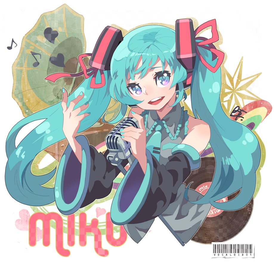 bf. (sogogiching), hatsune miku, vocaloid, 1girl, blue eyes, blue hair, blue nails, detached sleeves, female focus, long hair, matching hair/eyes, microphone, nail polish, solo, twintails