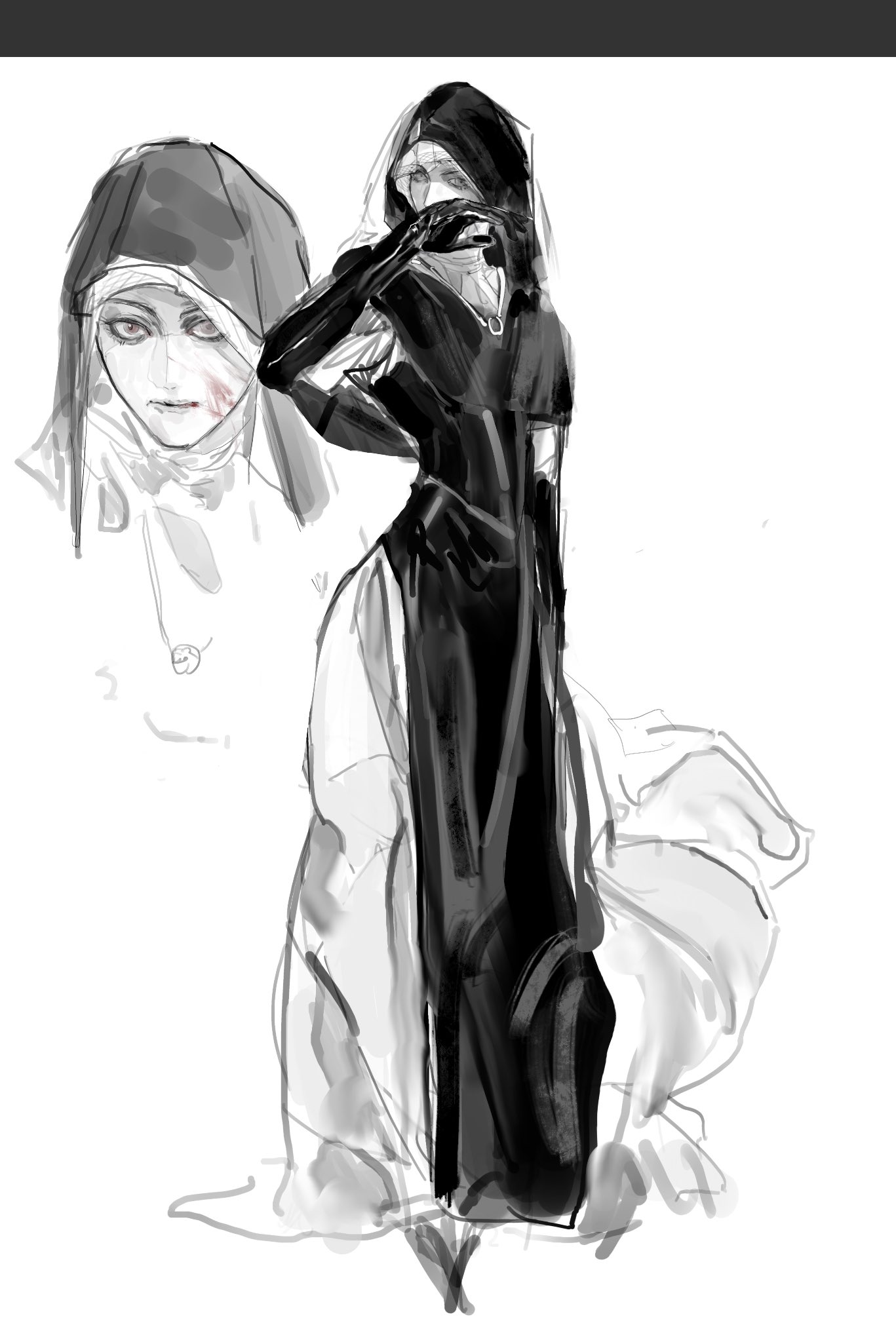 chenyangforone, undertaker (elden ring), elden ring, elden ring nightreign, hashtag-only commentary, highres, 1girl, black bodice, black capelet, black hood, blood, blood on face, capelet, dress, full body, hood, multiple views, nun, pelvic curtain, red eyes, sketch, spot color, standing, staring, white background, white dress, wiping face