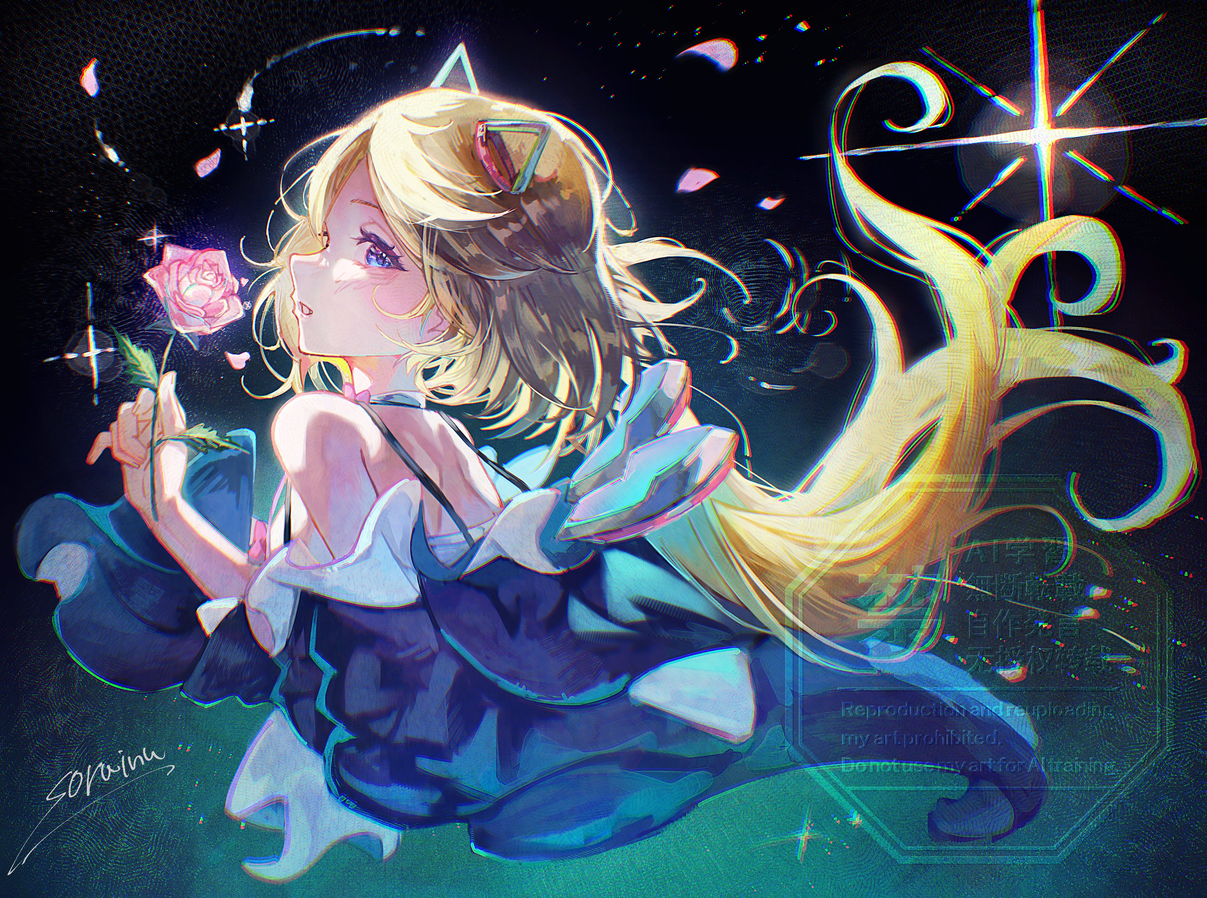 sorainu1211eaka, aki rosenthal, aki rosenthal (sleepwear), hololive, absurdres, commentary, highres, 1girl, animal ears, bare shoulders, blonde hair, blue nightgown, blush, breasts, cat ears, choker, cropped torso, dark background, detached hair, fake animal ears, falling petals, floating hair, flower, frills, from side, headgear, holding, holding flower, long hair, looking at viewer, looking to the side, medium breasts, nightgown, official alternate costume, open mouth, parted bangs, petals, pink flower, pink rose, purple eyes, rose, short hair, shoulder blades, signature, sleepwear, solo, spaghetti strap, virtual youtuber, watermark, white choker
