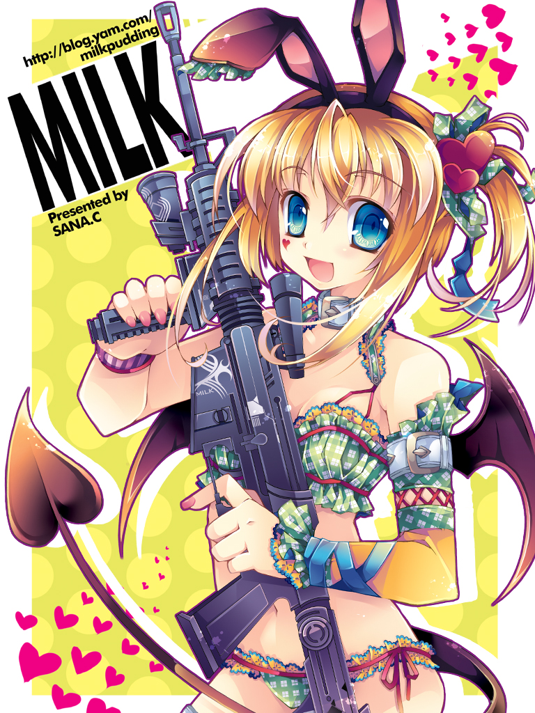 sana.c, original, bad id, bad pixiv id, 1girl, animal ears, bat wings, blonde hair, blue eyes, bra, collar, demon tail, detached sleeves, female focus, gun, happy, heart, lingerie, nail polish, panties, pink nails, rabbit ears, rifle, smile, solo, tail, underwear, weapon, wings