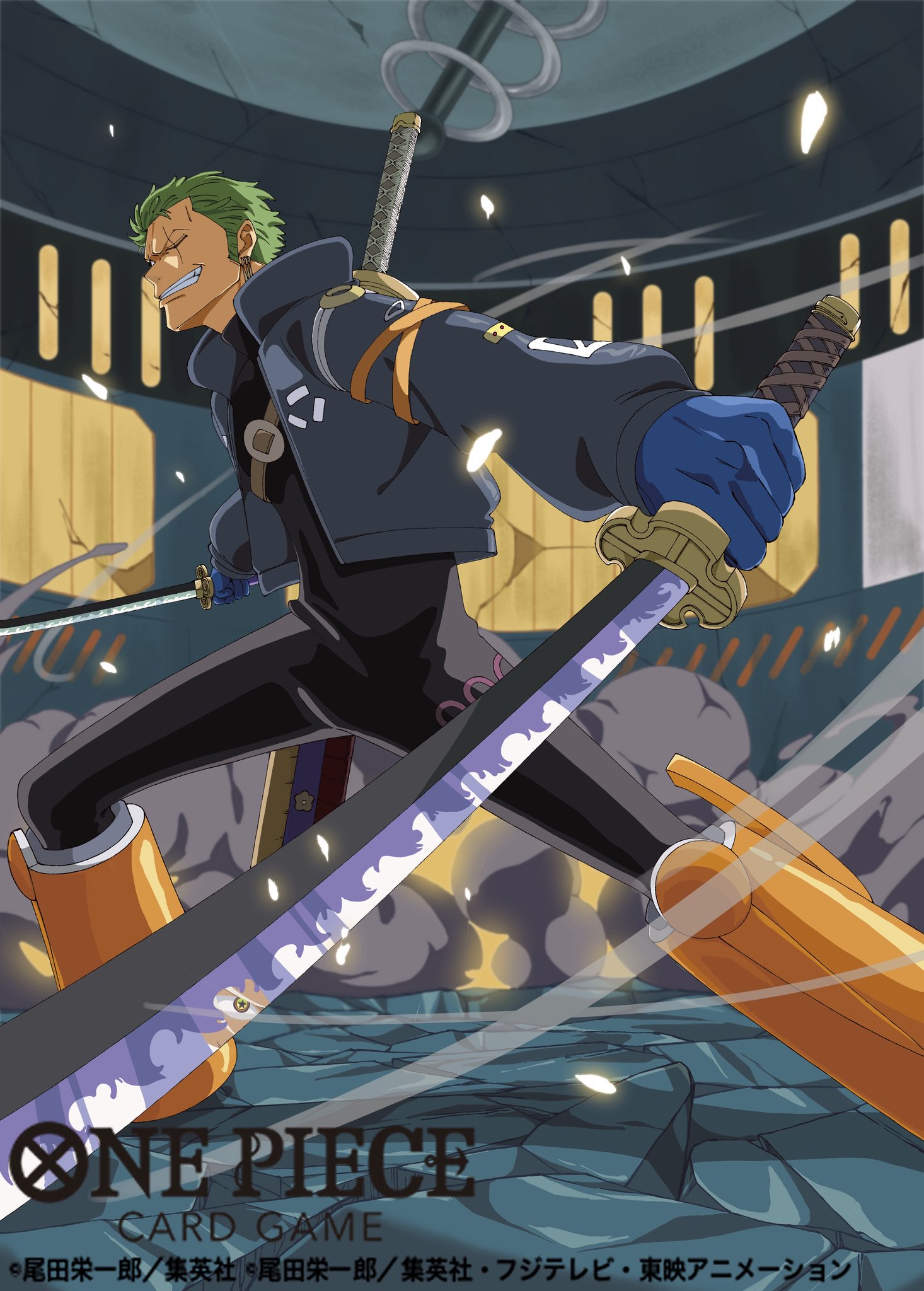 roronoa zoro, one piece, one piece card game, commentary request, highres, official art, 1boy, black bodysuit, black jacket, blue gloves, bodysuit, boots, clenched teeth, copyright name, earrings, gloves, green hair, holding, holding sword, holding weapon, jacket, jewelry, male focus, official alternate costume, orange boots, scar, scar across eye, scar on face, short hair, sideburns, smile, smoke, solo, sword, sword on back, teeth, weapon, weapon on back, yd05n
