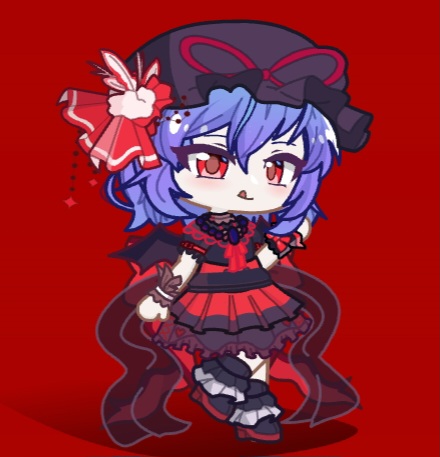 remilia scarlet, remilia scarlet (tiny devil mistress), touhou, touhou lostword, lowres, 1girl, arm up, black boots, blue hair, blush, boots, bow, chest jewel, chibi, chibi only, dress, frilled dress, frilled shirt collar, frilled sleeves, frills, gacha life (medium), hair ribbon, jewelry, large bow, light blush, mini wings, puffy sleeves, purple hair, red bow, ribbon, short hair, short sleeves, smile, tongue, tongue out, wings, wrist cuffs