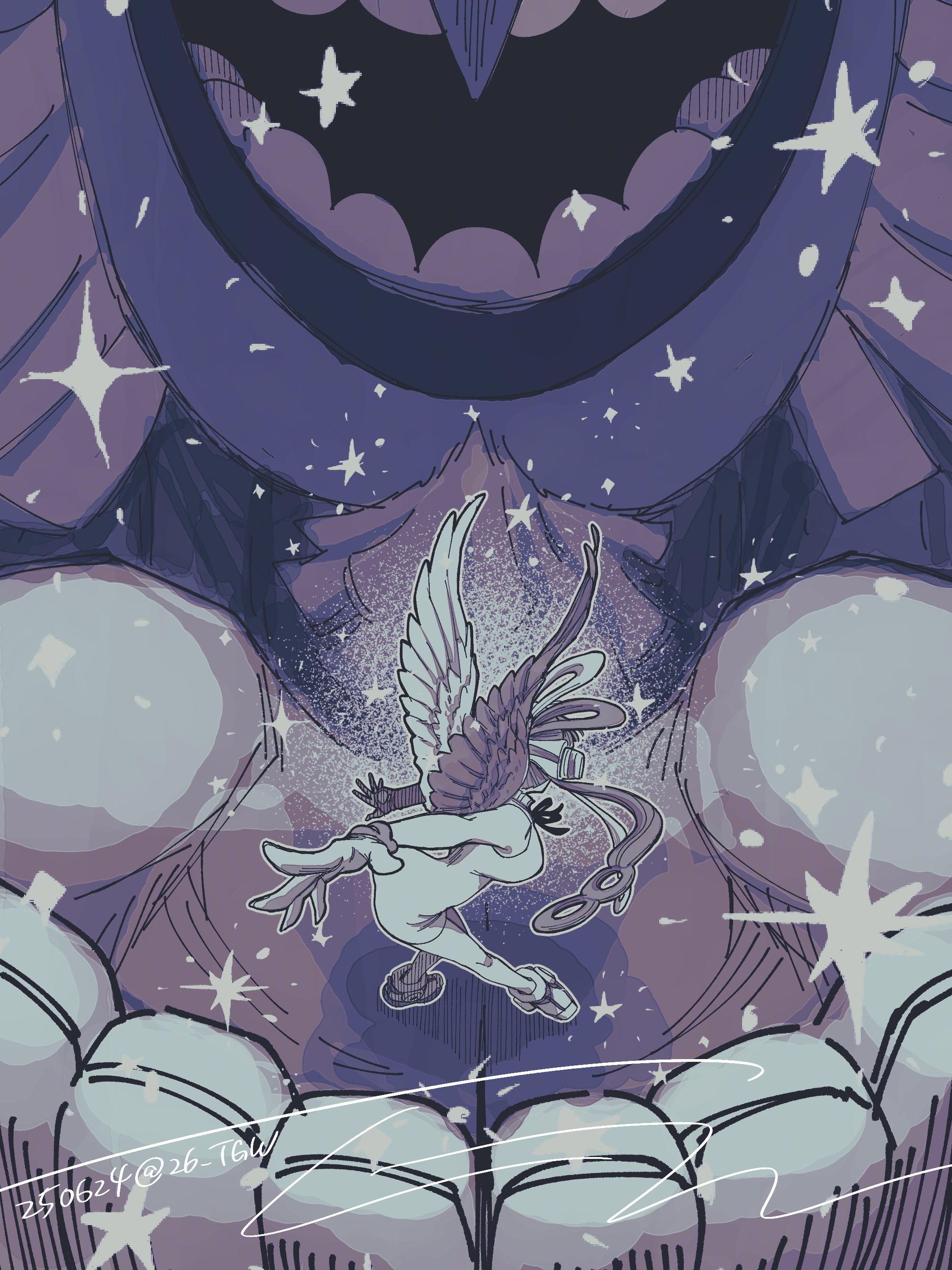 tagawa jiro, uta (one piece), one piece, one piece film: red, absurdres, commentary request, highres, 1girl, dress, evil smile, full body, giant, greyscale, headphones, monochrome, neck ribbon, outstretched arms, ribbon, round teeth, sleeveless, sleeveless dress, smile, sparkle, teeth, tot musica, twintails, wings