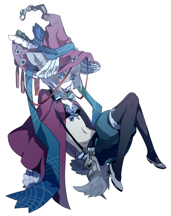 mohikan5, silver hair, bad id, bad pixiv id, animal ears, bikini, bikini top only, blue eyes, cape, hat, legs, midriff, pantyhose, pumpkin-shaped pants, short hair, solo, suspenders, swimsuit, tail, witch hat