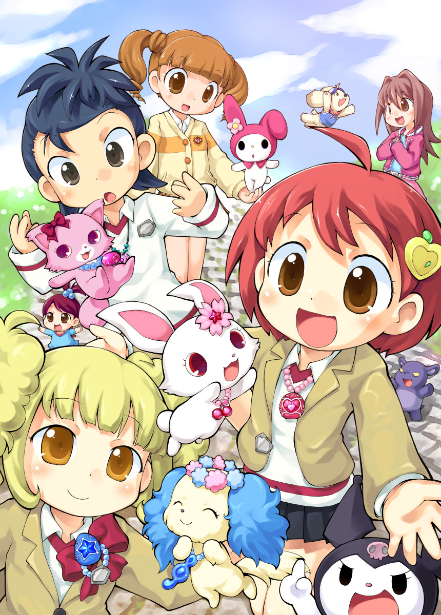 sakurabe notos, arisugawa aoi, asaoka minami, baku (onegai my melody), garnet (jewelpet), hoshizuki kirara, inuyama rumi, kougyoku rinko, kuromi, my melody, ruby (jewelpet), sapphie (jewelpet), tetsunoshin, yumeno uta, jewelpet, jewelpet (series), onegai my melody, onegai my melody kirara, sanrio, wan wan serepu soreyuke! tetsunoshin, bad id, bad pixiv id, character request, highres, 00s, 6+girls, :o, ^ ^, ahoge, beads, black eyes, blonde hair, blue hair, blunt bangs, blush, brown eyes, brown hair, cat, child, closed eyes, cloud, crossover, day, dog, drill hair, everyone, hair bobbles, hair intakes, hair ornament, happy, high ponytail, holding, jacket, jewelry, mini person, minigirl, multiple girls, necklace, open mouth, orange eyes, outdoors, pendant, pink eyes, pink hair, pleated skirt, ponytail, rabbit, red hair, ribbon, school uniform, short hair, short twintails, skirt, skull, sky, smile, surprised, twin drills, twintails