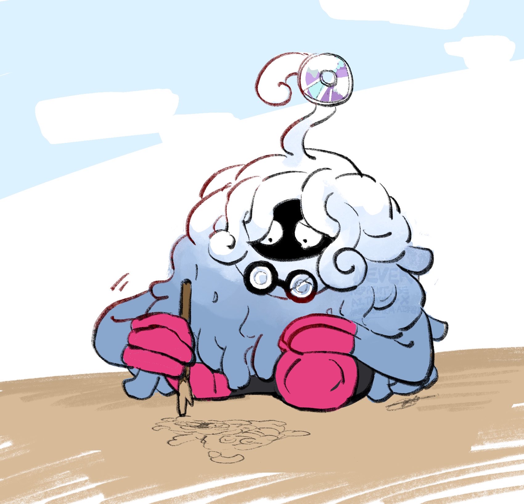 idbze, tangrowth, nintendo, pokemon, pokemon pokopia, highres, broken eyewear, crack, disc, drawing (action), full body, gen 4 pokemon, glasses, holding, holding stick, no humans, plant, pokemon (creature), pokemon focus, professor tangrowth, round eyewear, sitting, solo, stick, tm (pokemon), vines