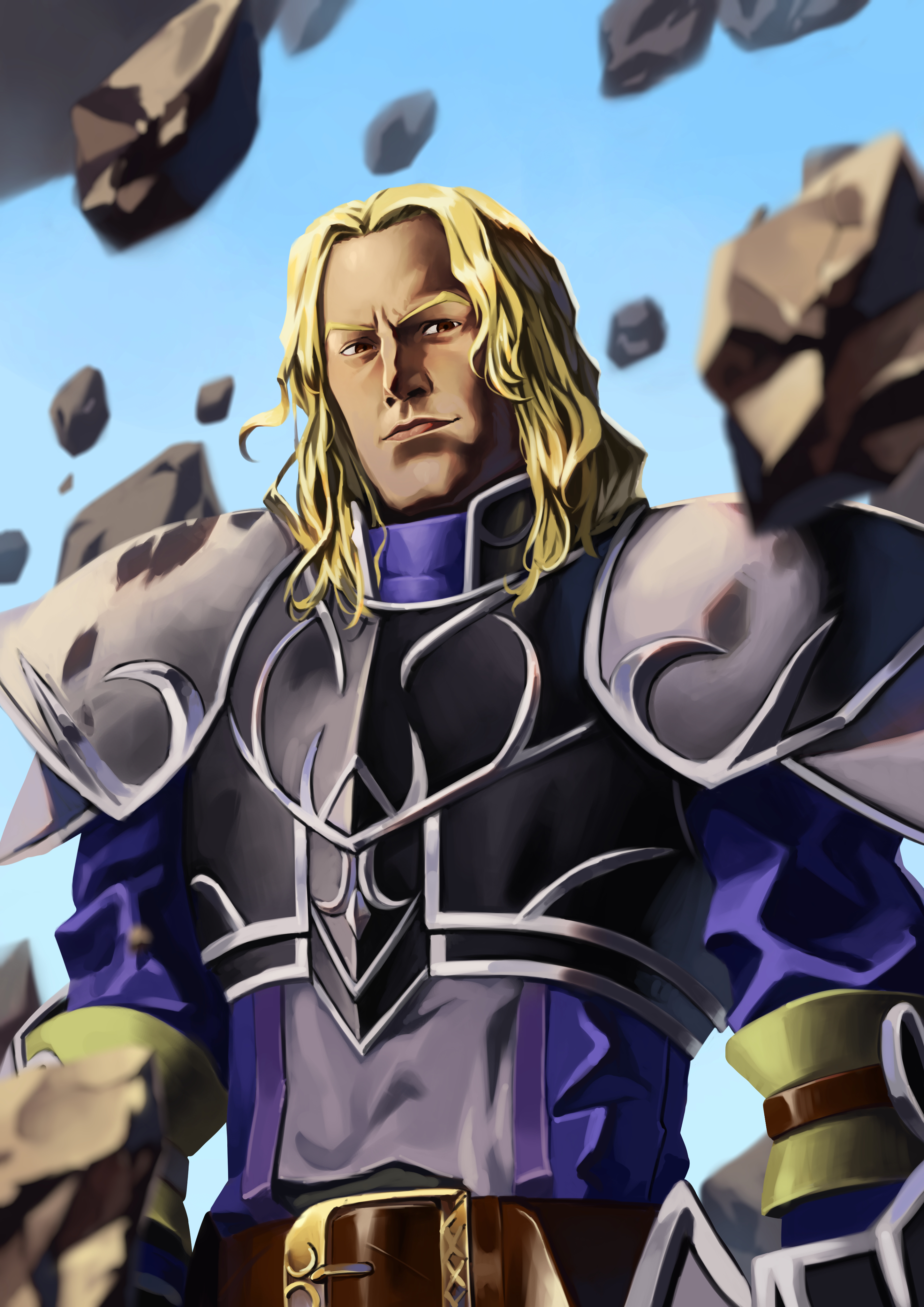 shoko (pixiv 74769700), fire emblem, fire emblem: path of radiance, nintendo, absurdres, commentary request, highres, 1boy, armor, blonde hair, breastplate, brown eyes, closed mouth, gromell, lips, long hair, looking at viewer, male focus, solo