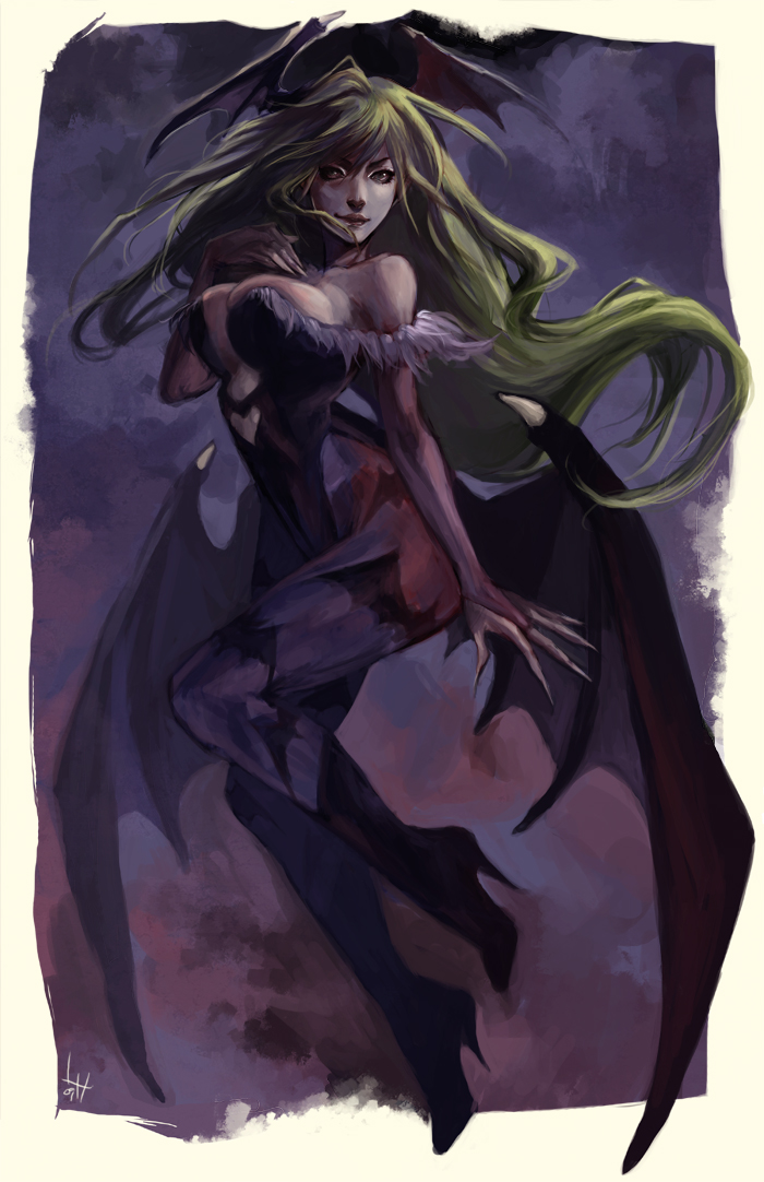 leslie hung, marika, morrigan aensland, capcom, darkstalkers, 1girl, animal print, bare shoulders, bat print, bat wings, boots, breasts, cleavage, dark, elbow gloves, female focus, fingerless gloves, gloves, green eyes, green hair, head wings, high heels, knee boots, large breasts, leotard, long hair, matching hair/eyes, pantyhose, print pantyhose, shoes, solo, vampire, wings