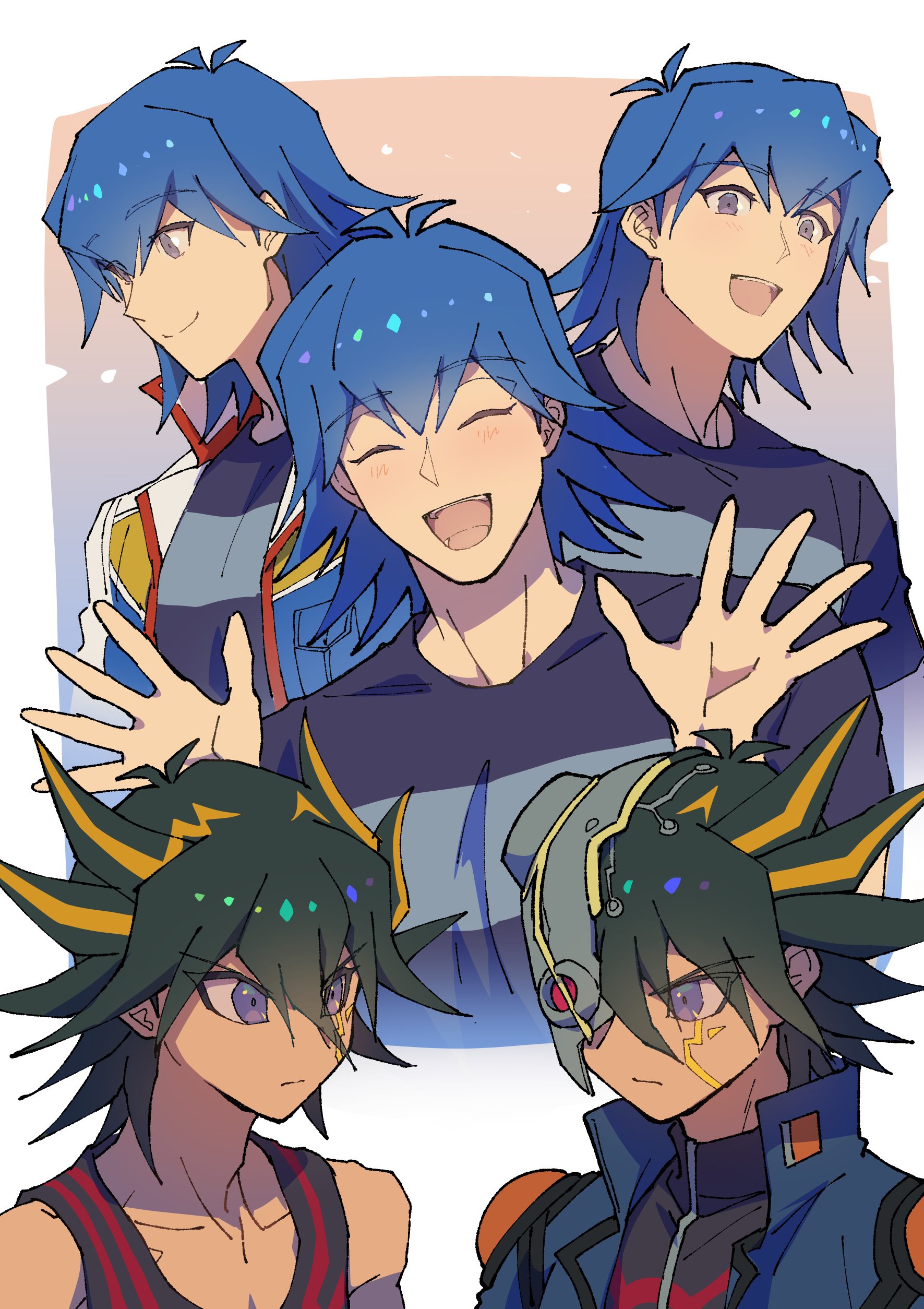 youko-shima, bruno (yu-gi-oh!), fudo yusei, z-one, yu-gi-oh!, yu-gi-oh! 5d's, absurdres, highres, 3boys, black hair, black shirt, blonde hair, blue eyes, blue hair, blue jacket, facial mark, jacket, male focus, medium hair, multicolored hair, multiple boys, purple eyes, shirt, short hair, spiked hair, streaked hair, two-tone hair, upper body, white jacket
