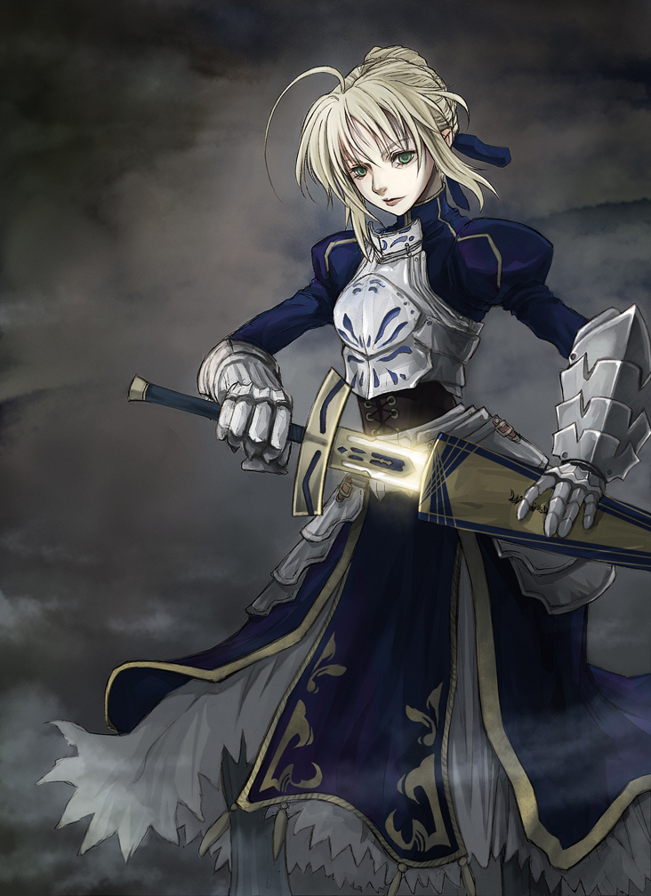 les, artoria pendragon (fate), avalon (fate), saber (fate), fate/stay night, fate (series), 00s, 1girl, ahoge, arm guards, armor, armored dress, blonde hair, dress, excalibur (fate/stay night), female focus, gloves, green eyes, hair ribbon, ribbon, sheath, solo, sword, unsheathing, weapon