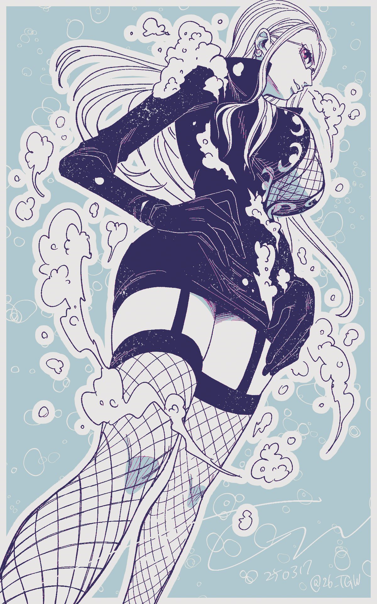 tagawa jiro, kalifa (one piece), one piece, commentary, highres, 1girl, breasts, dated, dress, dutch angle, earrings, feet out of frame, fishnet thighhighs, fishnet top, fishnets, garter straps, glasses, greyscale with colored background, hair behind ear, hands on own hips, jewelry, large breasts, long hair, long sleeves, pearl earrings, soap bubbles, solo, thighhighs, twitter username